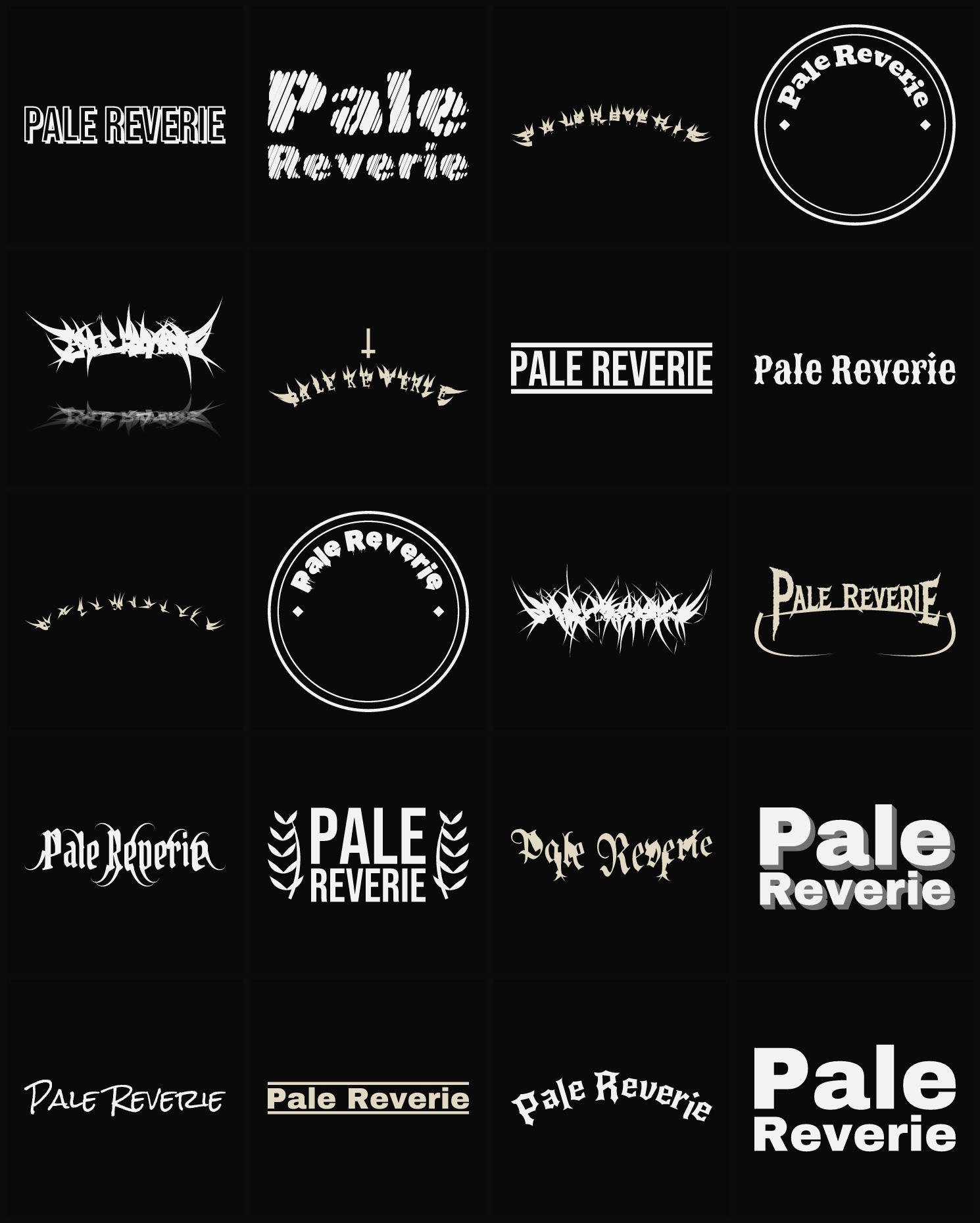 Twenty Pale Reverie band logo ideas — different faces, treatments and spike settings