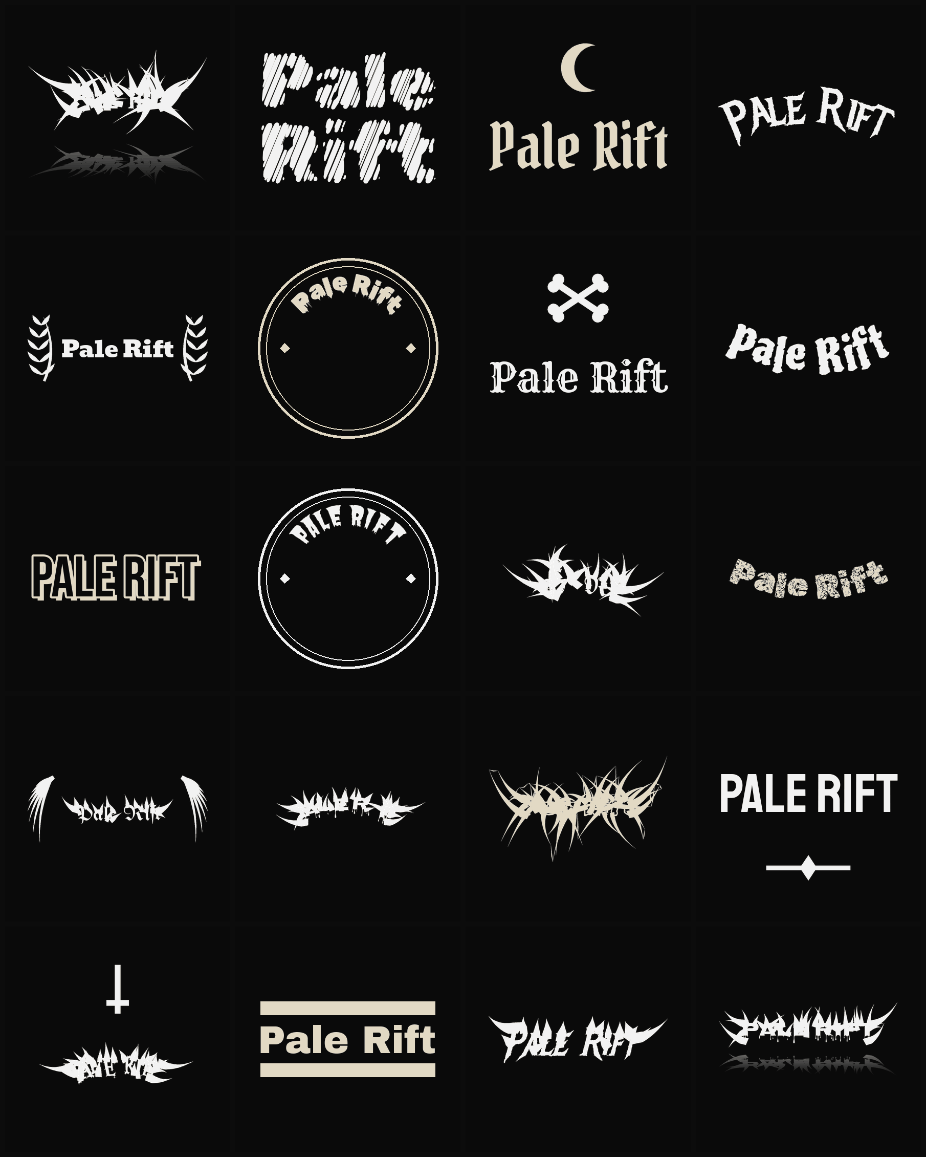 Twenty Pale Rift band logo ideas — different faces, treatments and spike settings