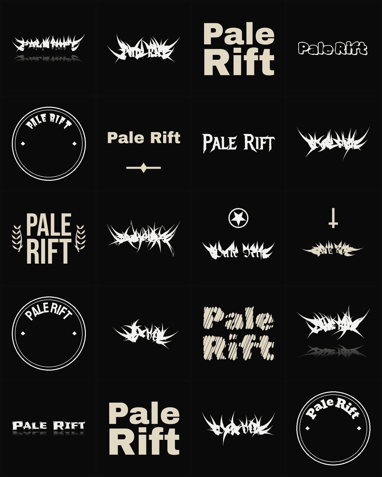 Twenty Pale Rift band logo ideas — different faces, treatments and spike settings