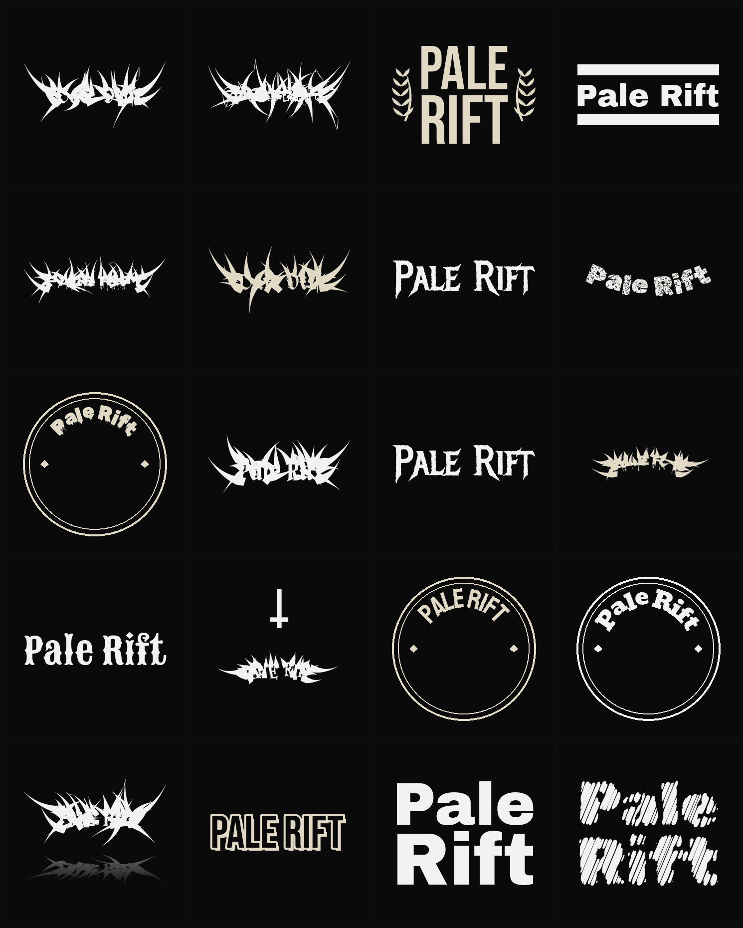 Twenty Pale Rift band logo ideas — different faces, treatments and spike settings