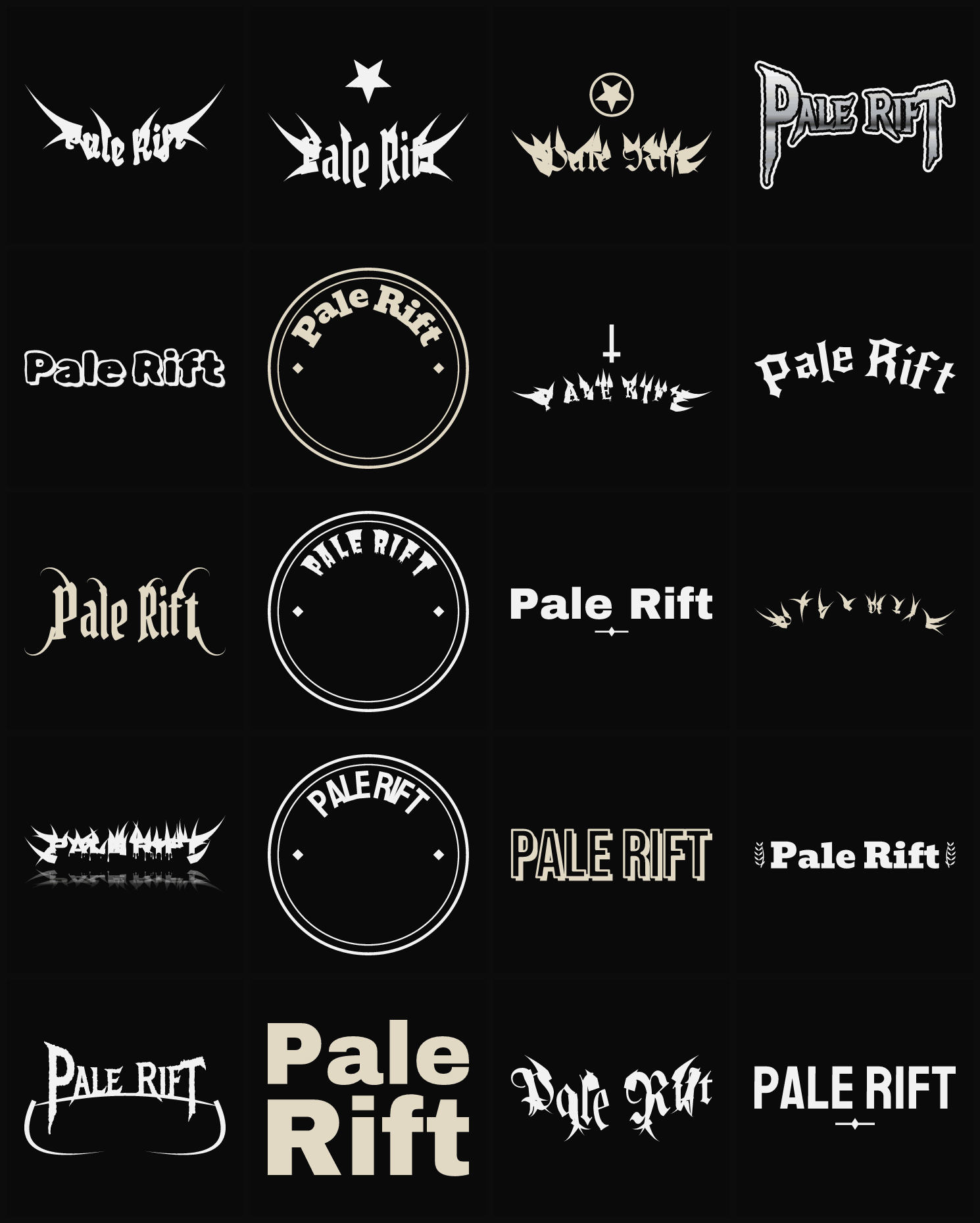 Twenty Pale Rift band logo ideas — different faces, treatments and spike settings