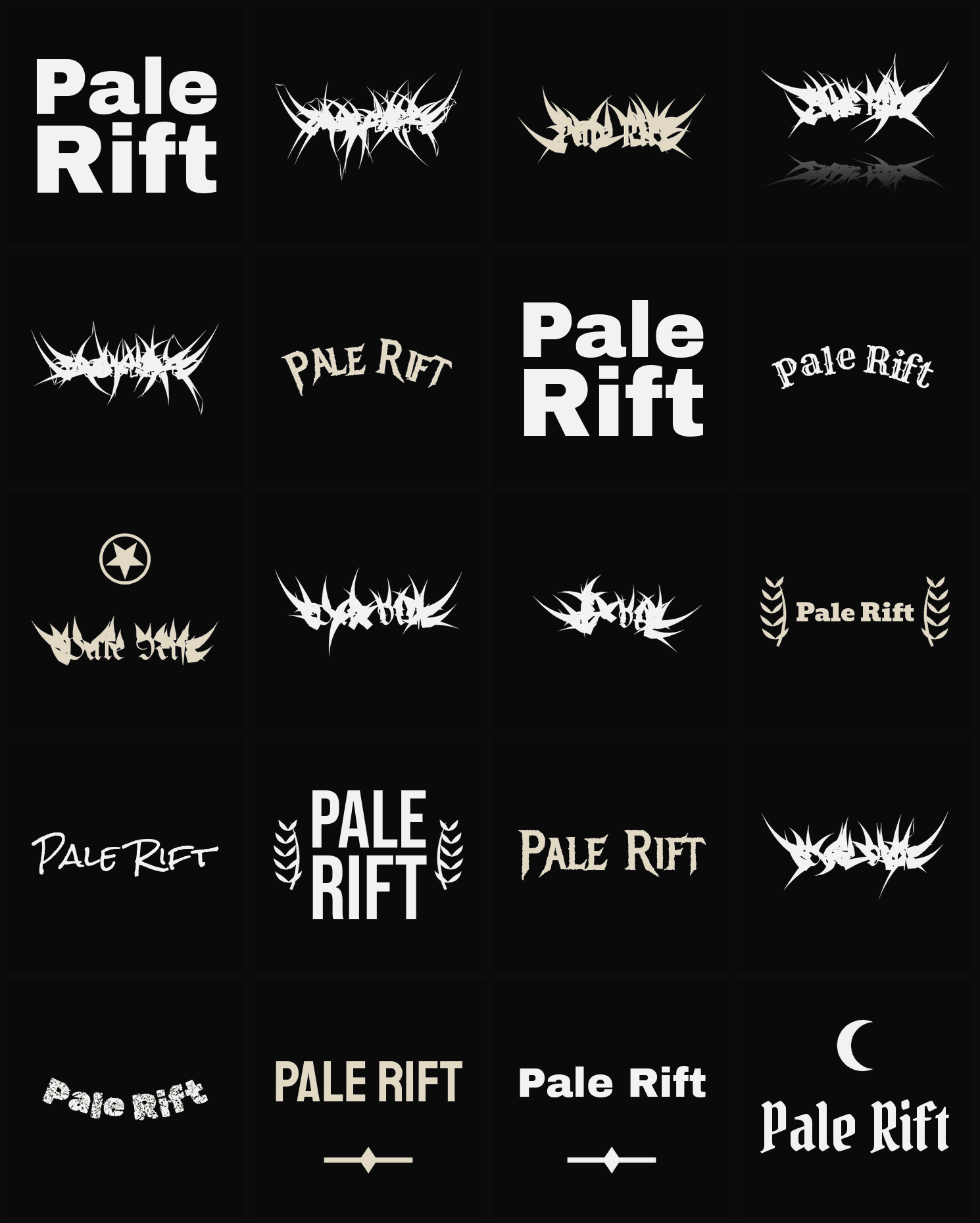 Twenty Pale Rift band logo ideas — different faces, treatments and spike settings