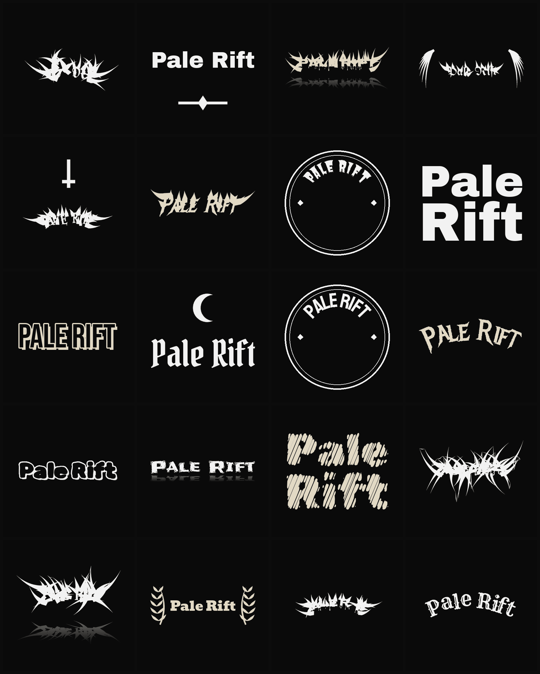 Twenty Pale Rift band logo ideas — different faces, treatments and spike settings
