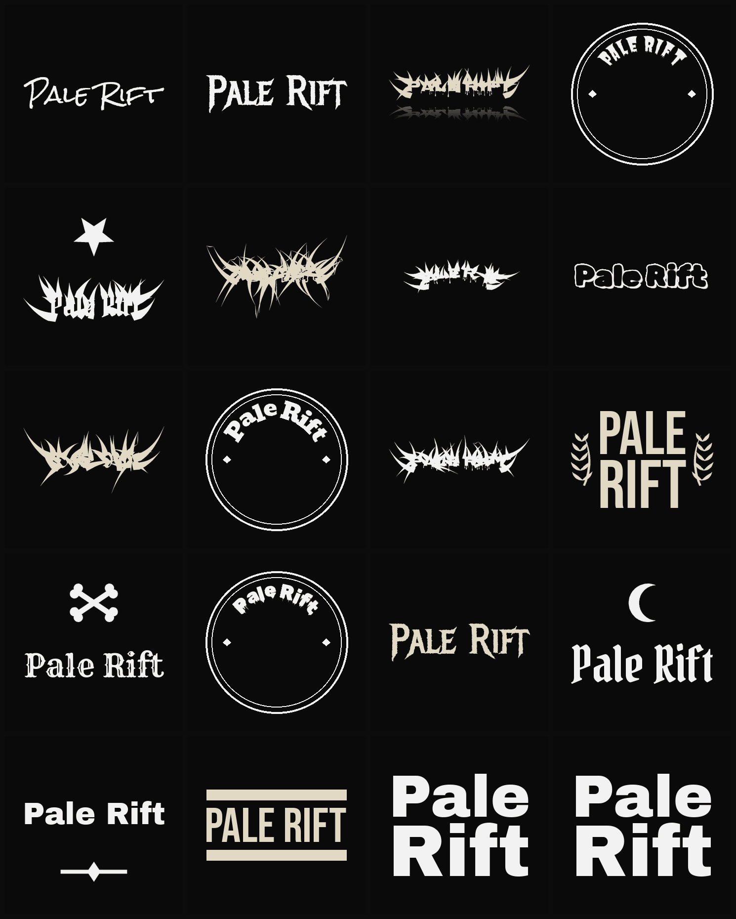 Twenty Pale Rift band logo ideas — different faces, treatments and spike settings