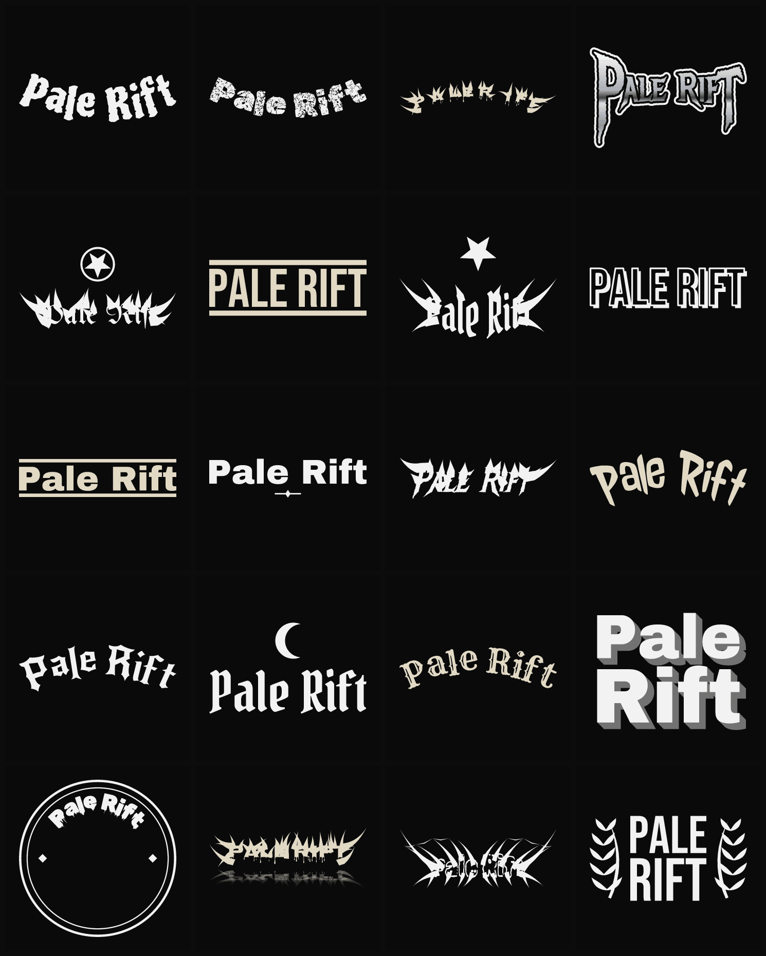 Twenty Pale Rift band logo ideas — different faces, treatments and spike settings