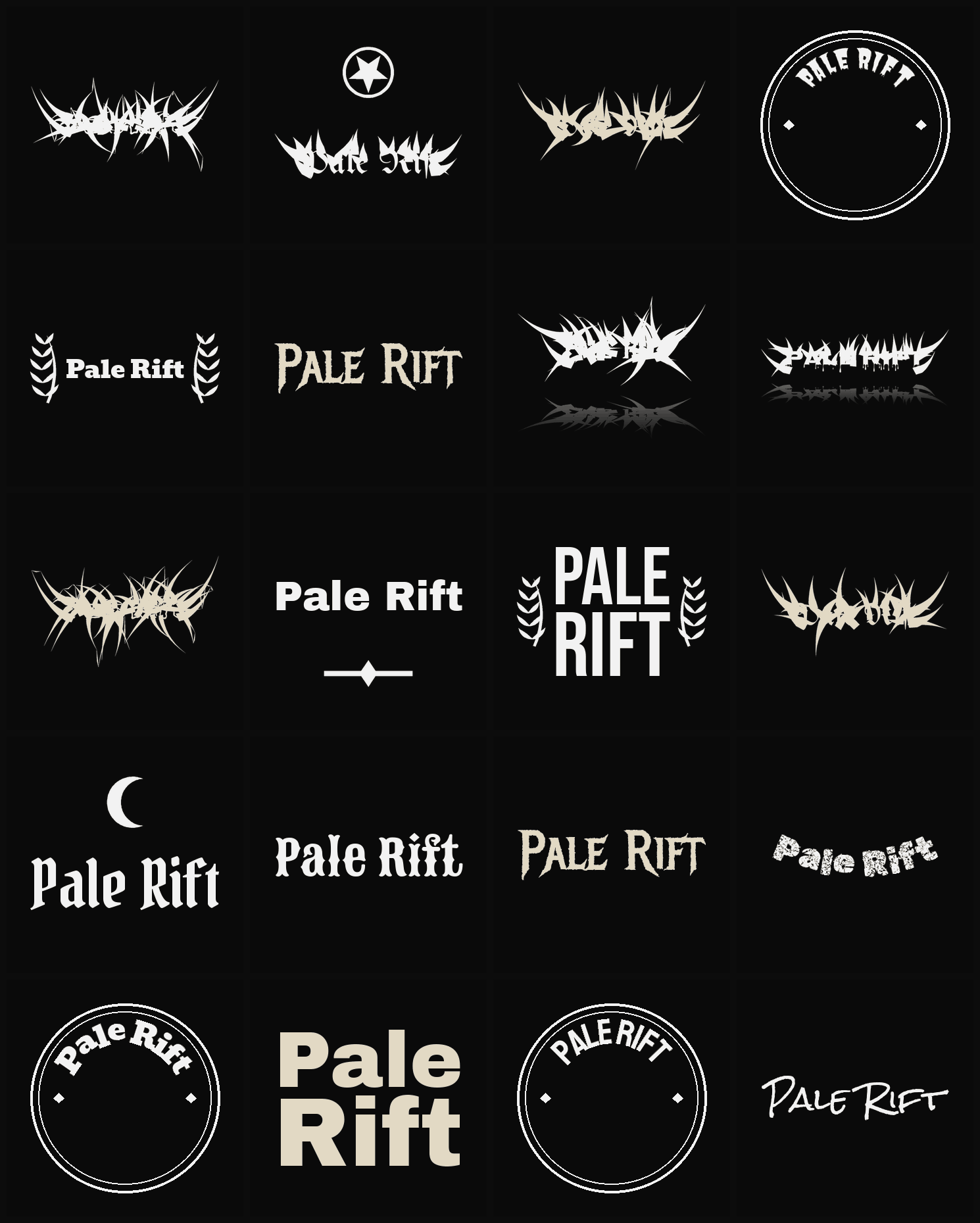 Twenty Pale Rift band logo ideas — different faces, treatments and spike settings