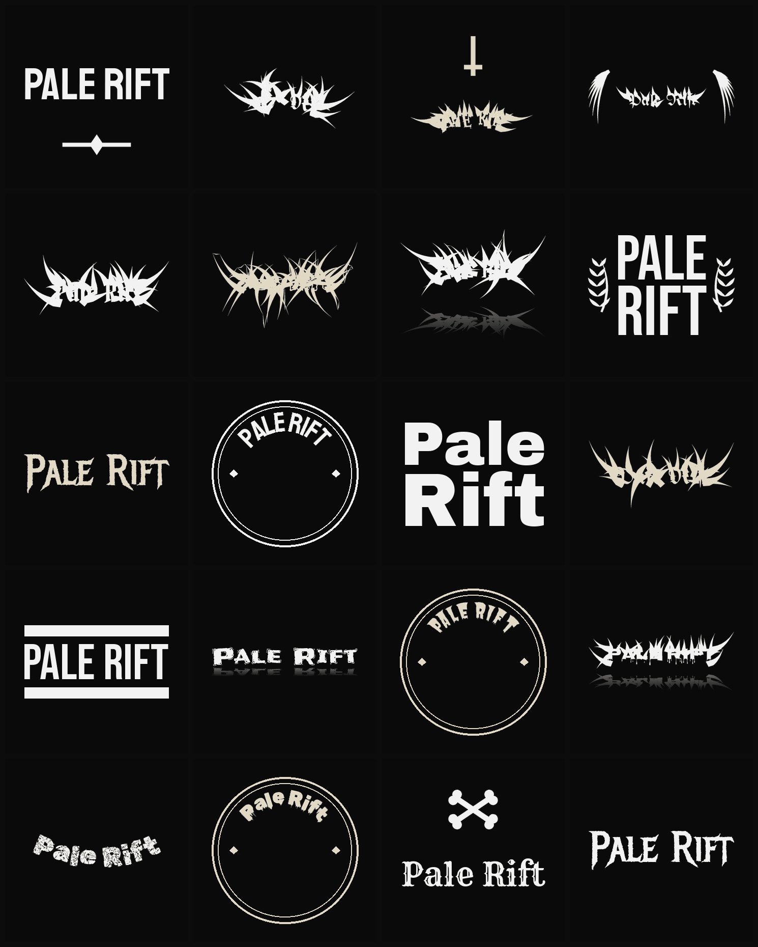 Twenty Pale Rift band logo ideas — different faces, treatments and spike settings