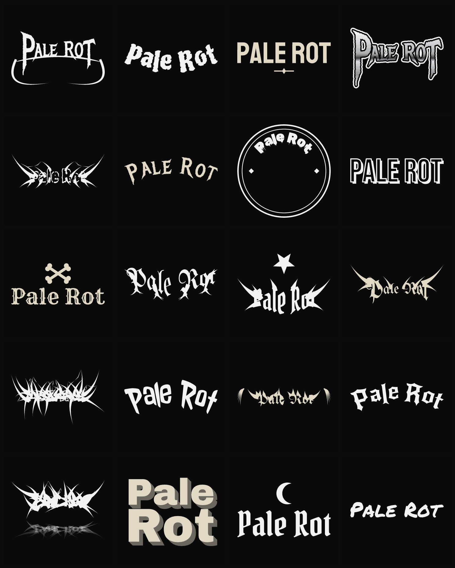 Twenty Pale Rot band logo ideas — different faces, treatments and spike settings
