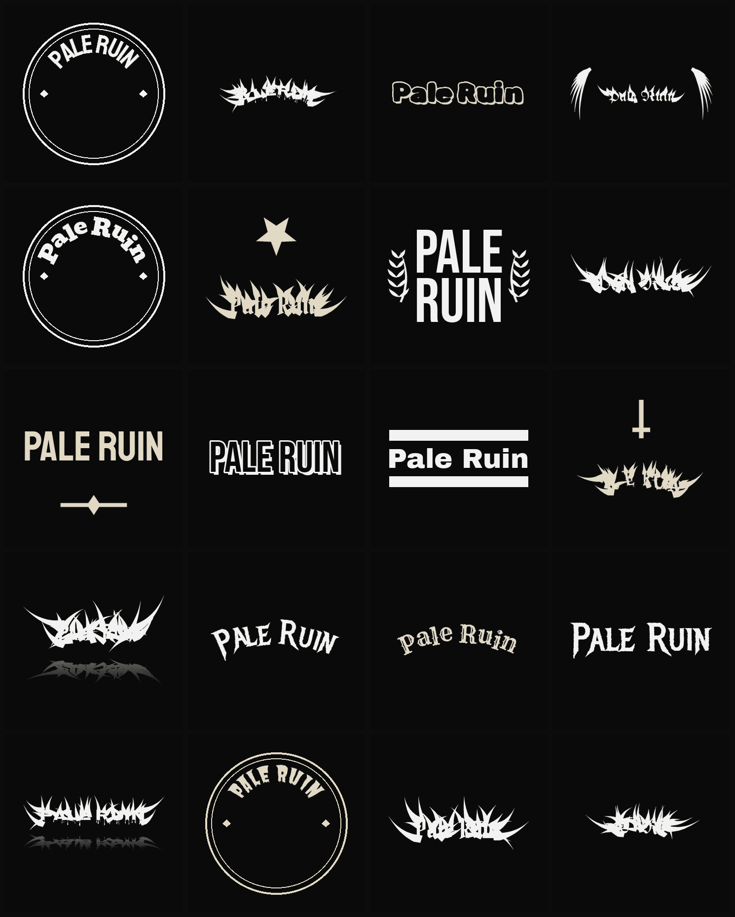 Twenty Pale Ruin band logo ideas — different faces, treatments and spike settings