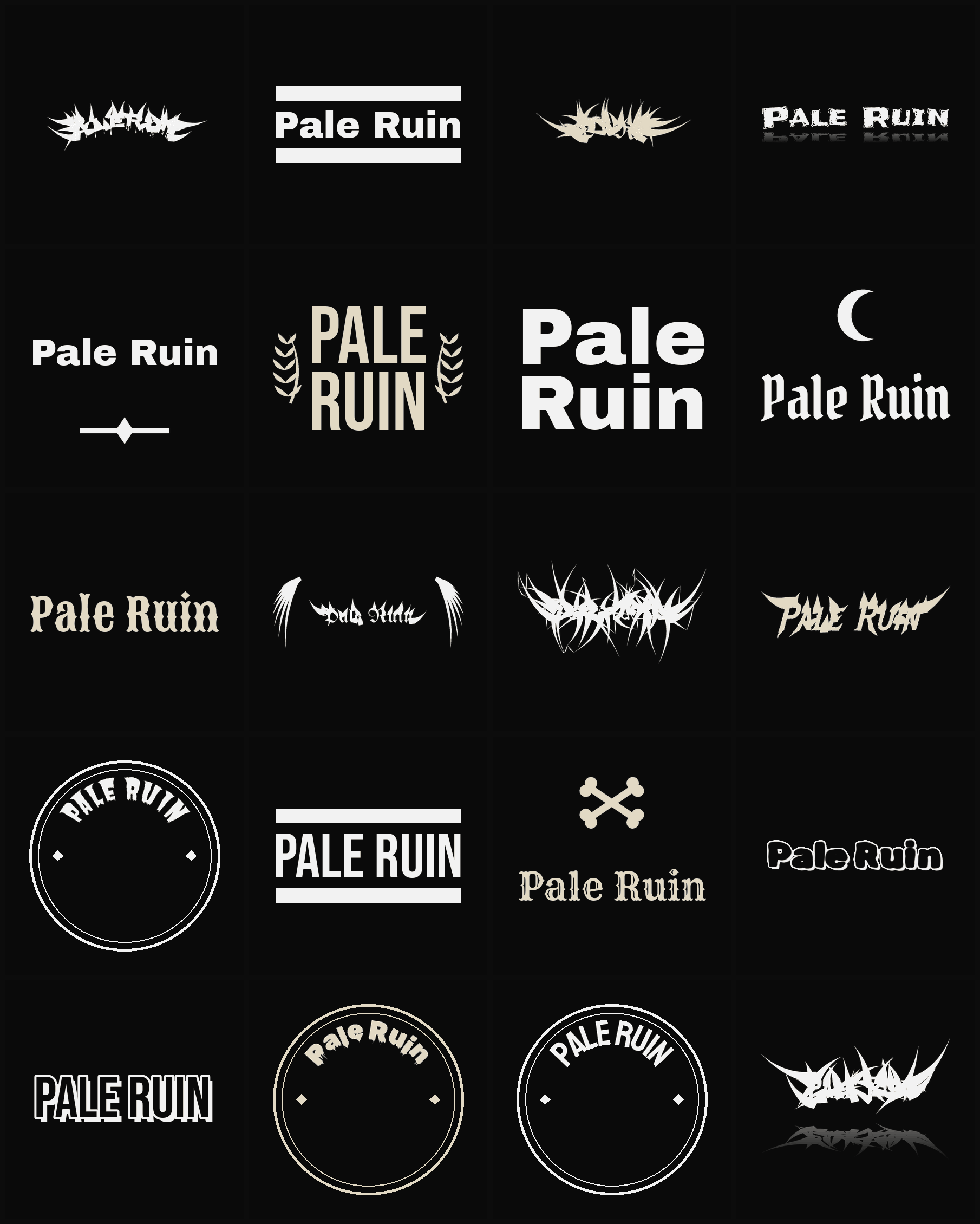 Twenty Pale Ruin band logo ideas — different faces, treatments and spike settings