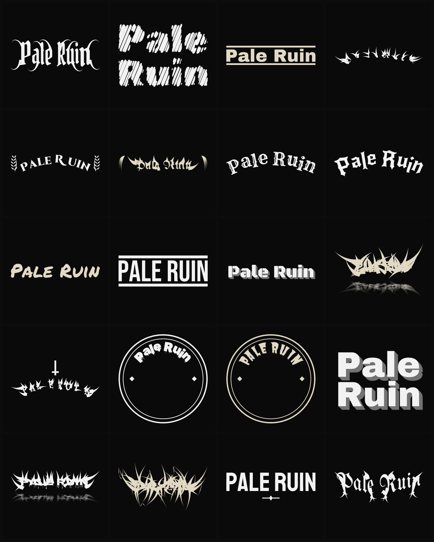 Twenty Pale Ruin band logo ideas — different faces, treatments and spike settings