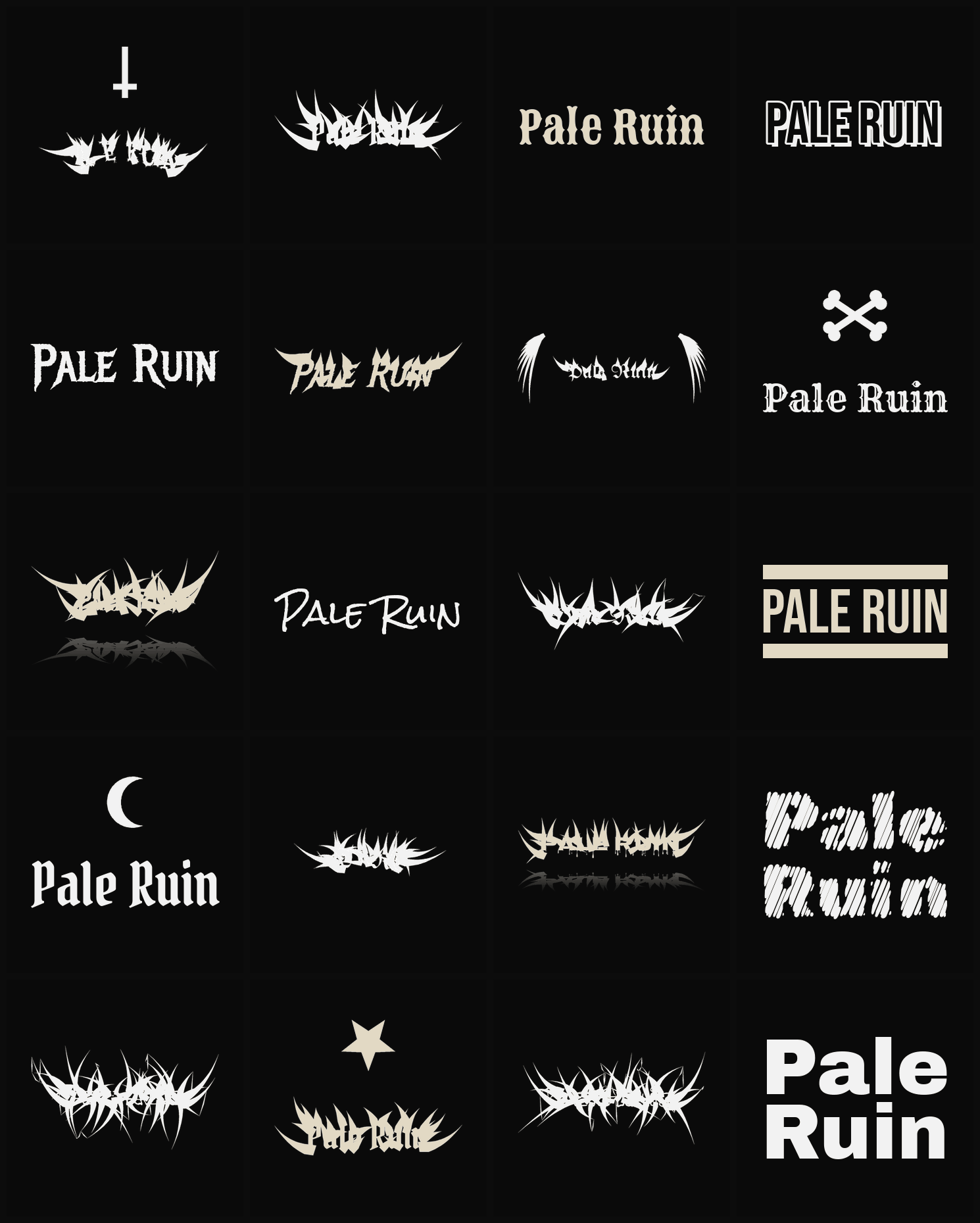 Twenty Pale Ruin band logo ideas — different faces, treatments and spike settings