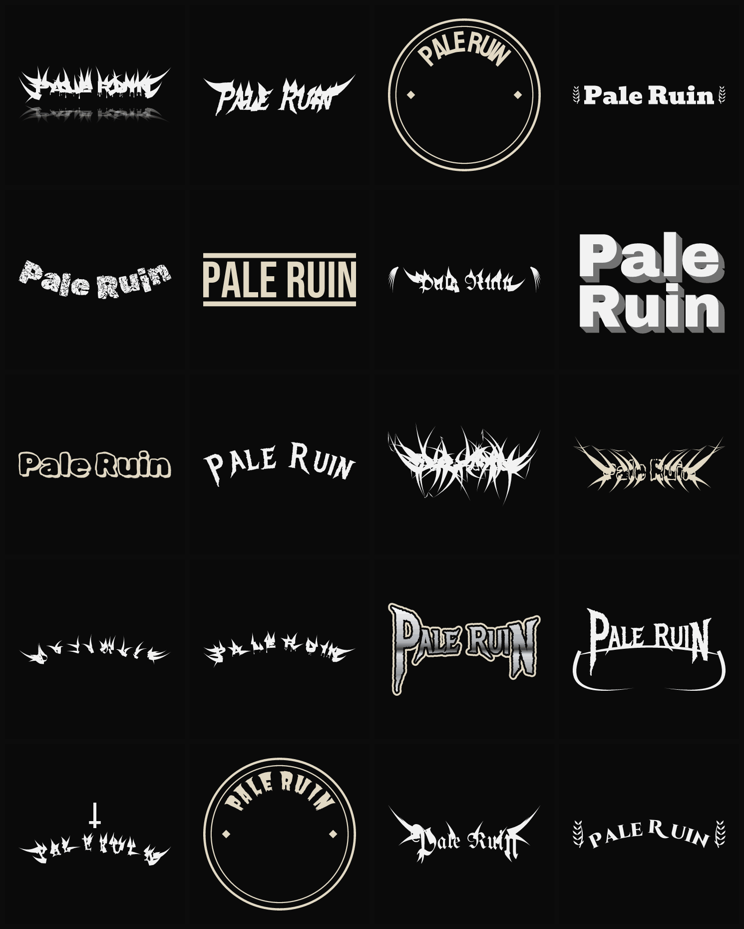 Twenty Pale Ruin band logo ideas — different faces, treatments and spike settings