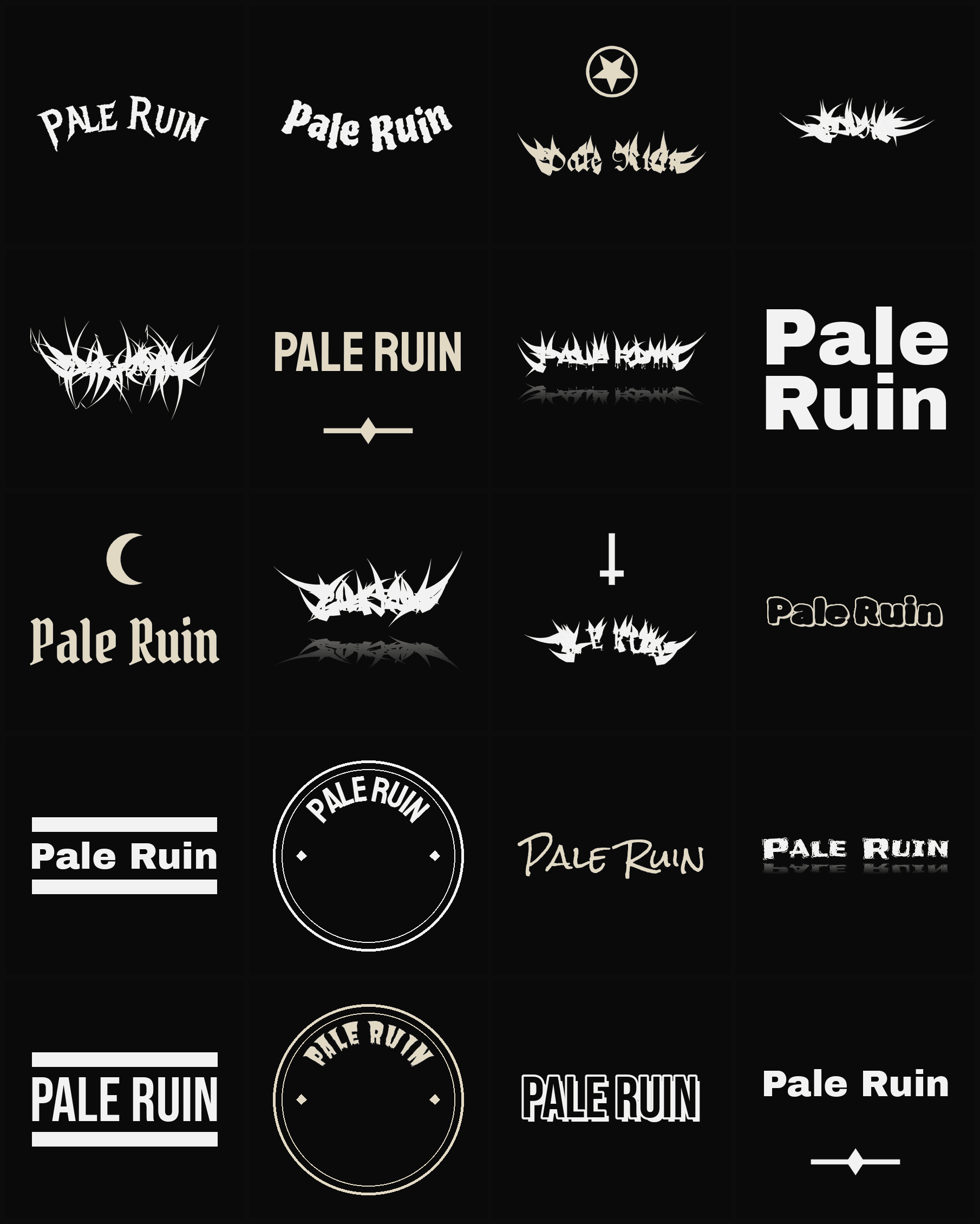 Twenty Pale Ruin band logo ideas — different faces, treatments and spike settings
