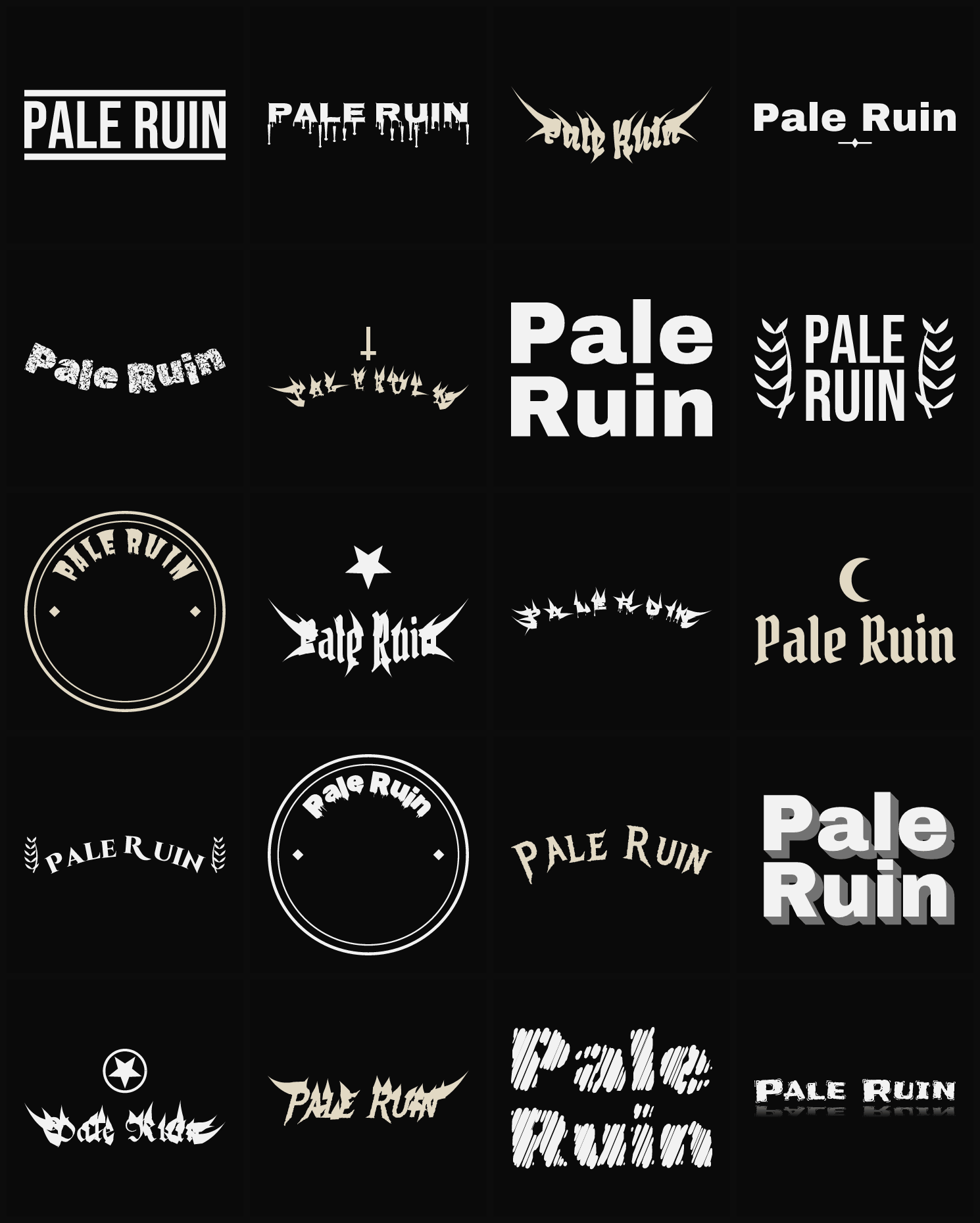 Twenty Pale Ruin band logo ideas — different faces, treatments and spike settings