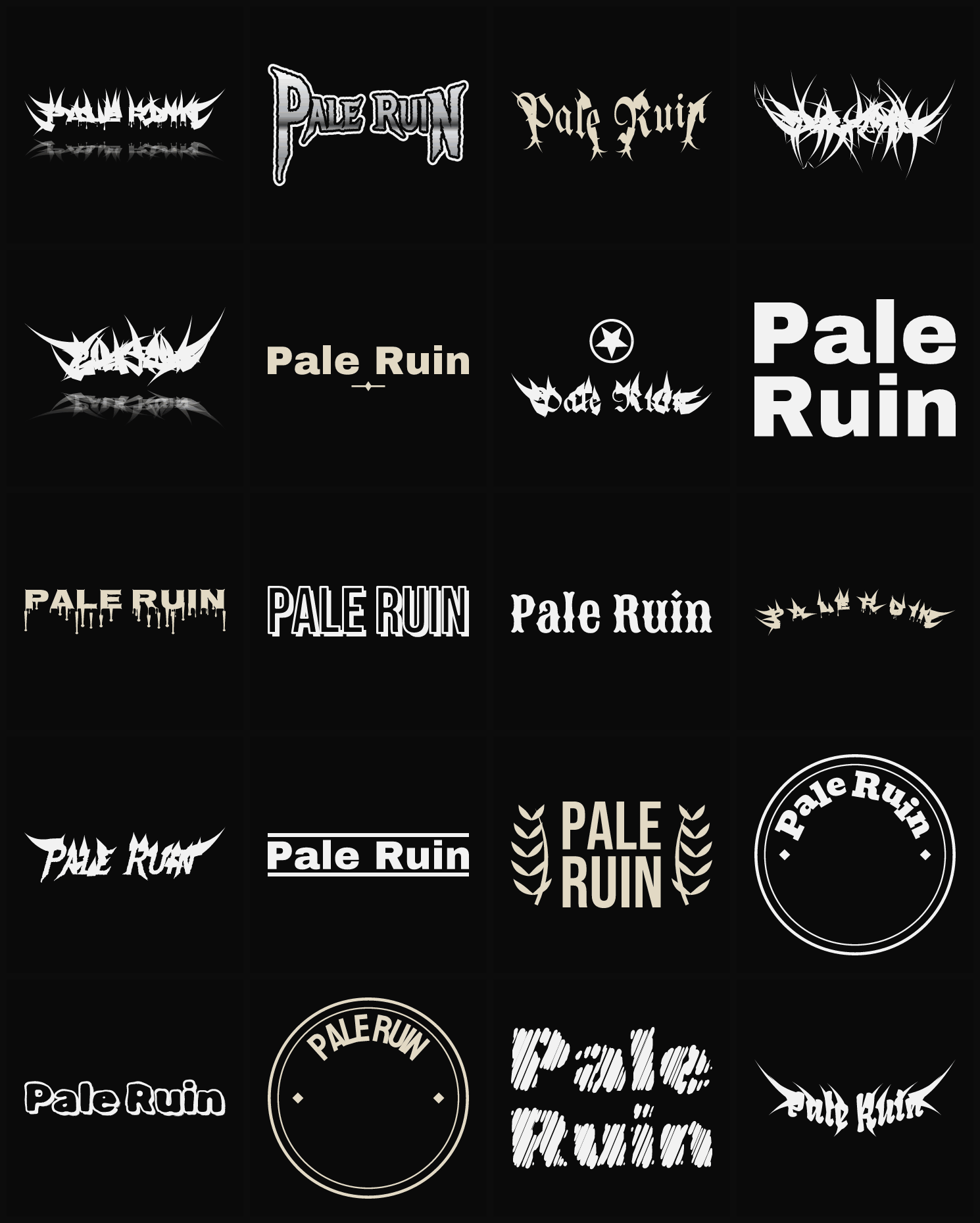 Twenty Pale Ruin band logo ideas — different faces, treatments and spike settings