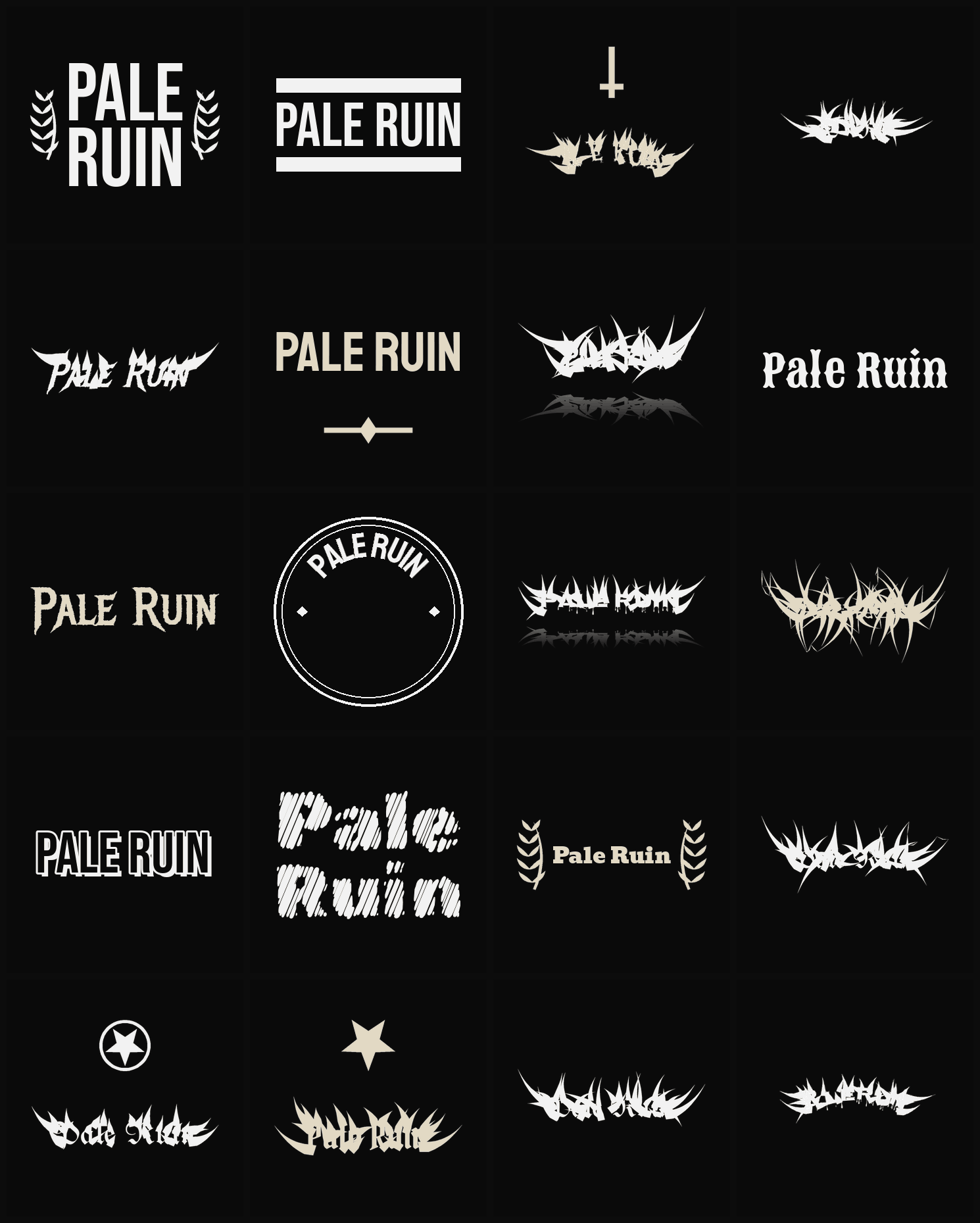 Twenty Pale Ruin band logo ideas — different faces, treatments and spike settings