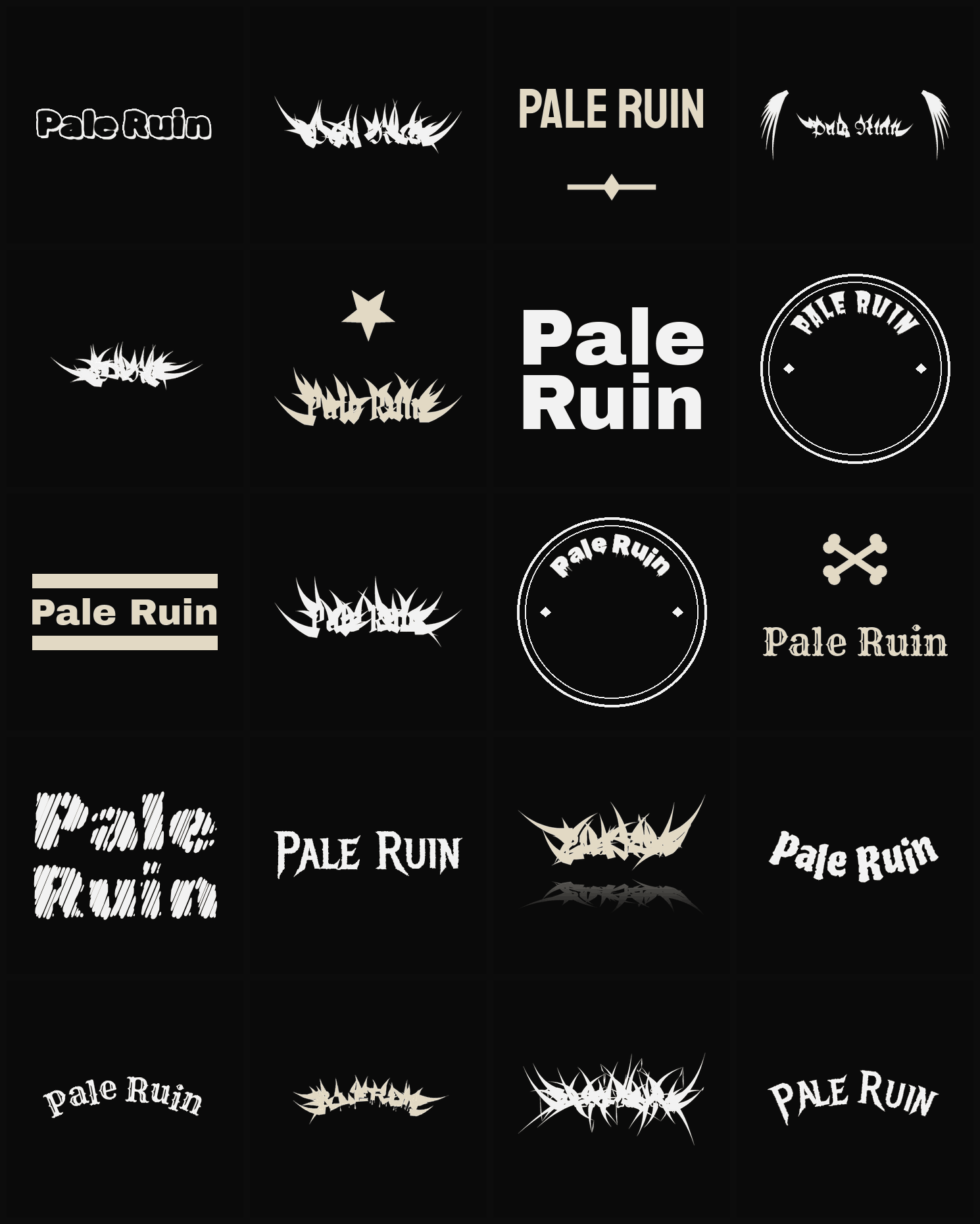 Twenty Pale Ruin band logo ideas — different faces, treatments and spike settings