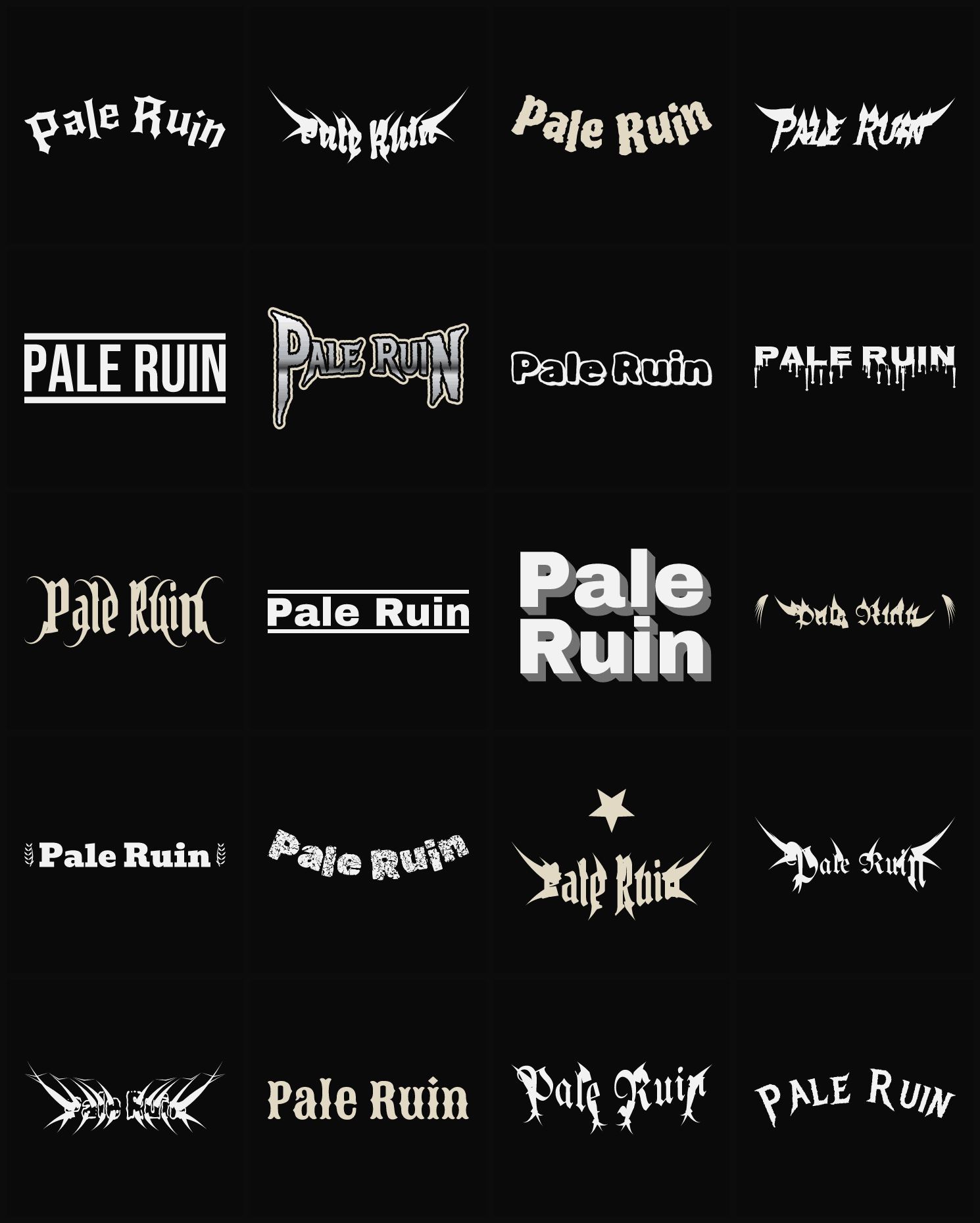 Twenty Pale Ruin band logo ideas — different faces, treatments and spike settings