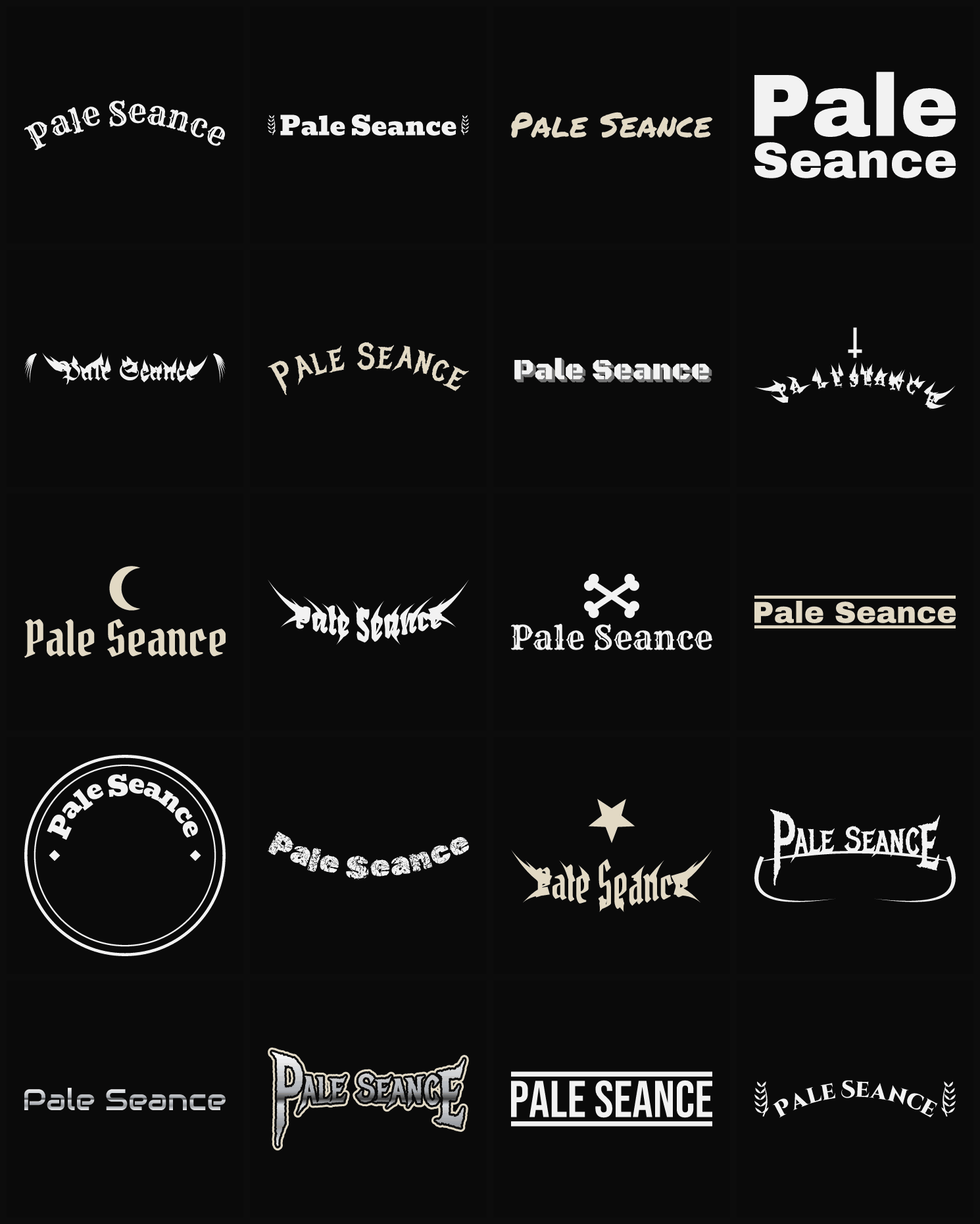 Twenty Pale Seance band logo ideas — different faces, treatments and spike settings