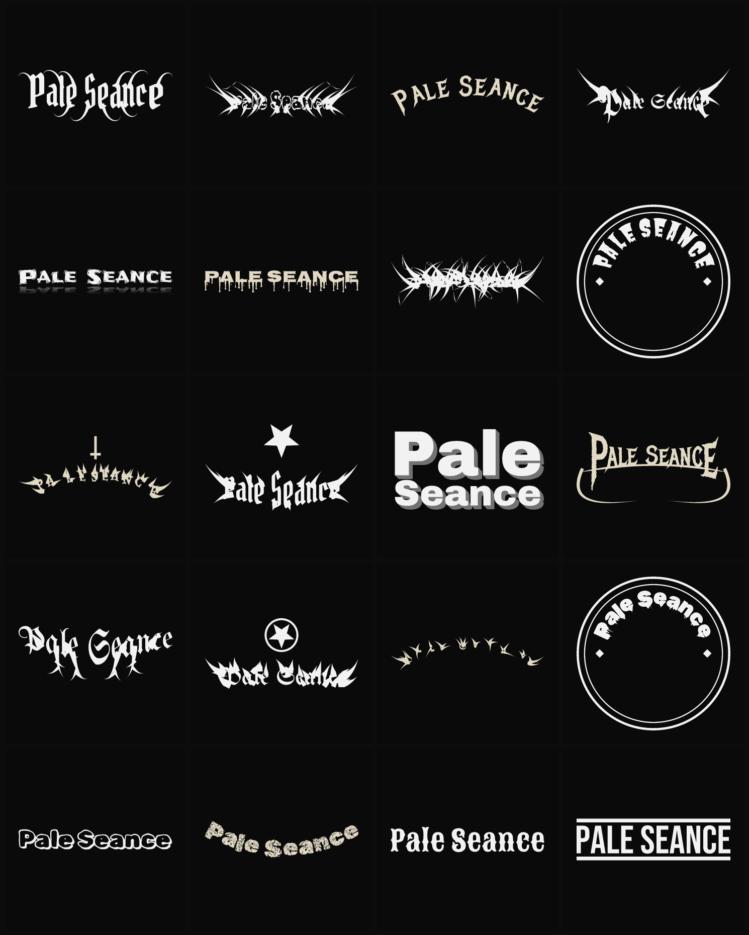 Twenty Pale Seance band logo ideas — different faces, treatments and spike settings