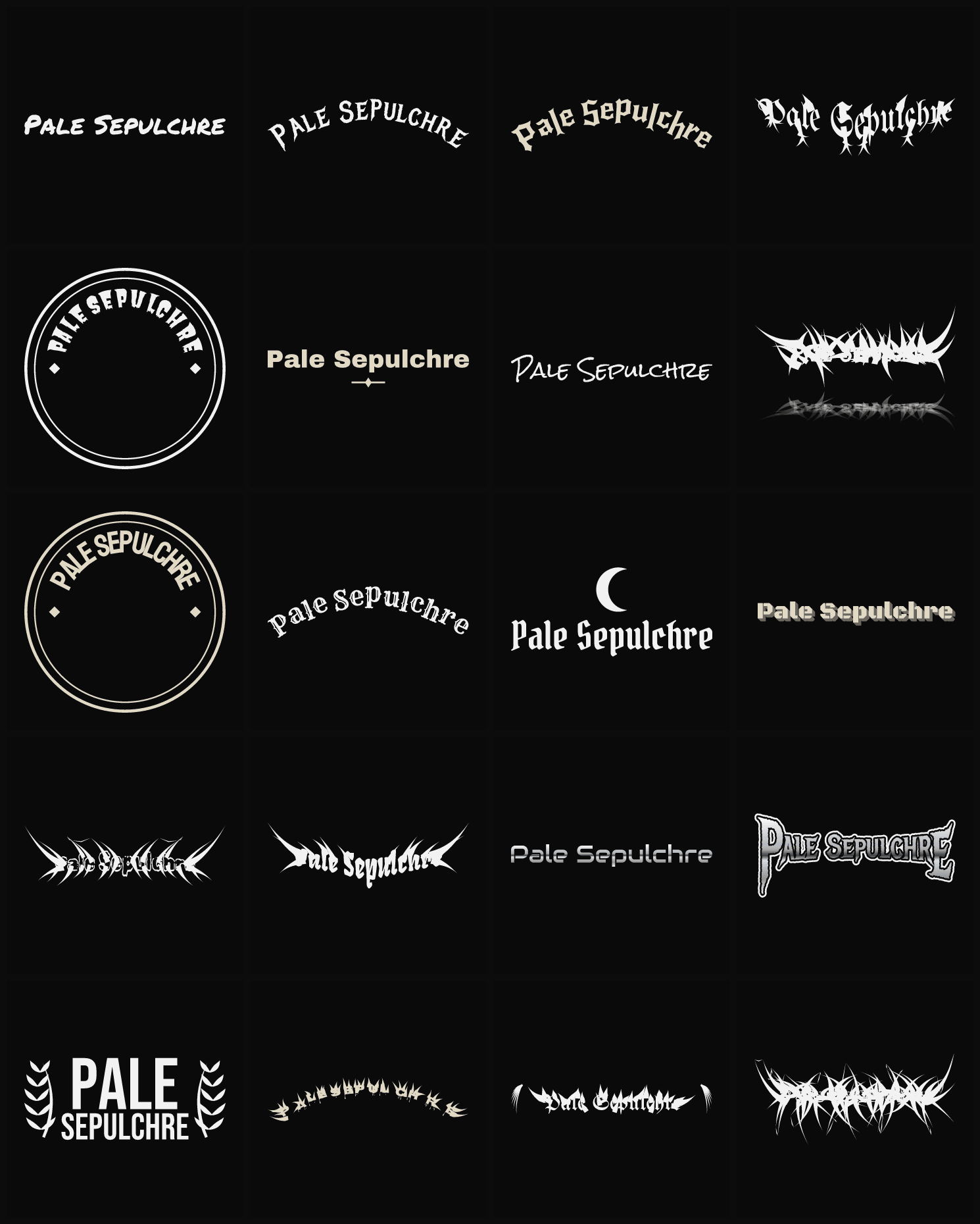 Twenty Pale Sepulchre band logo ideas — different faces, treatments and spike settings
