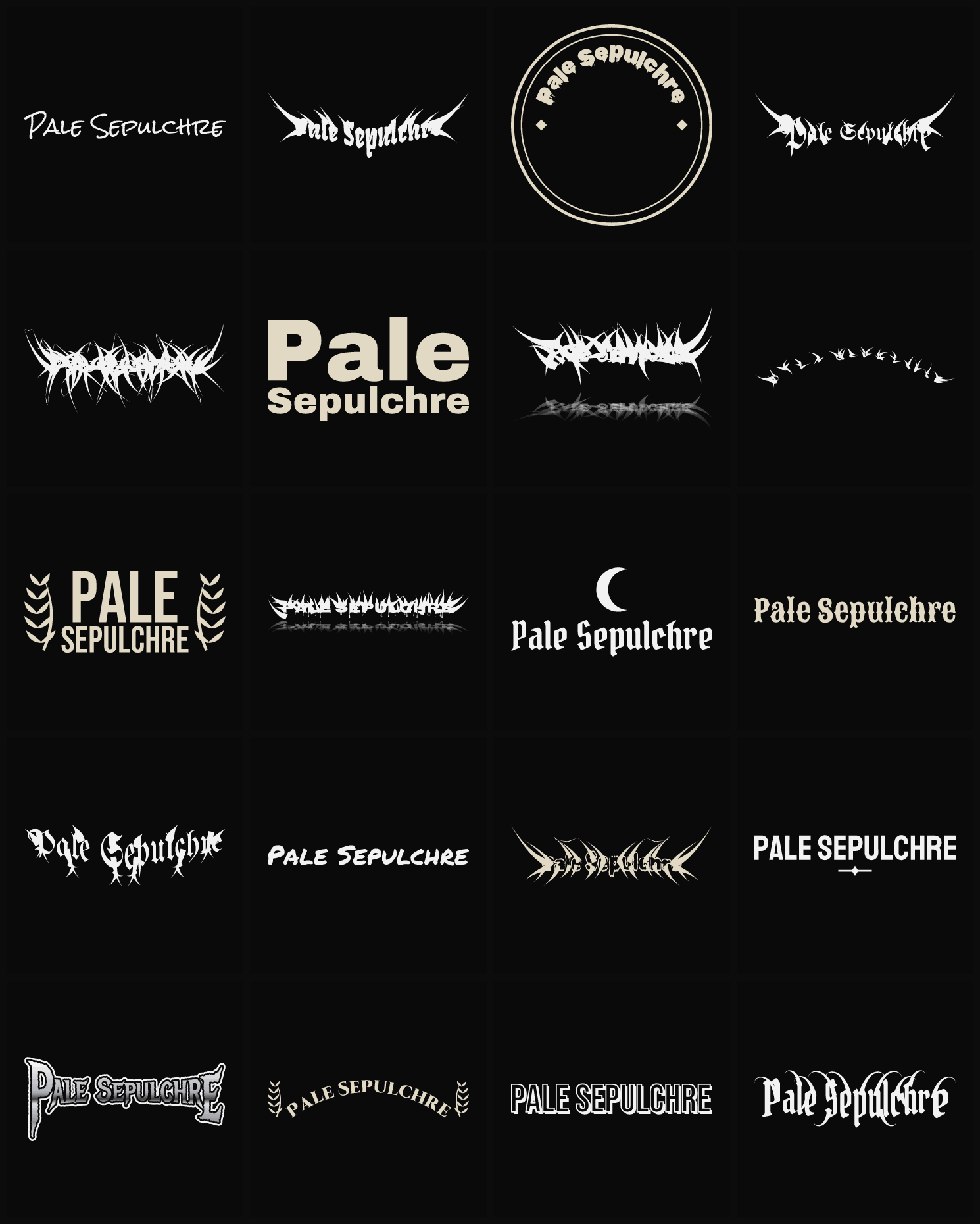 Twenty Pale Sepulchre band logo ideas — different faces, treatments and spike settings