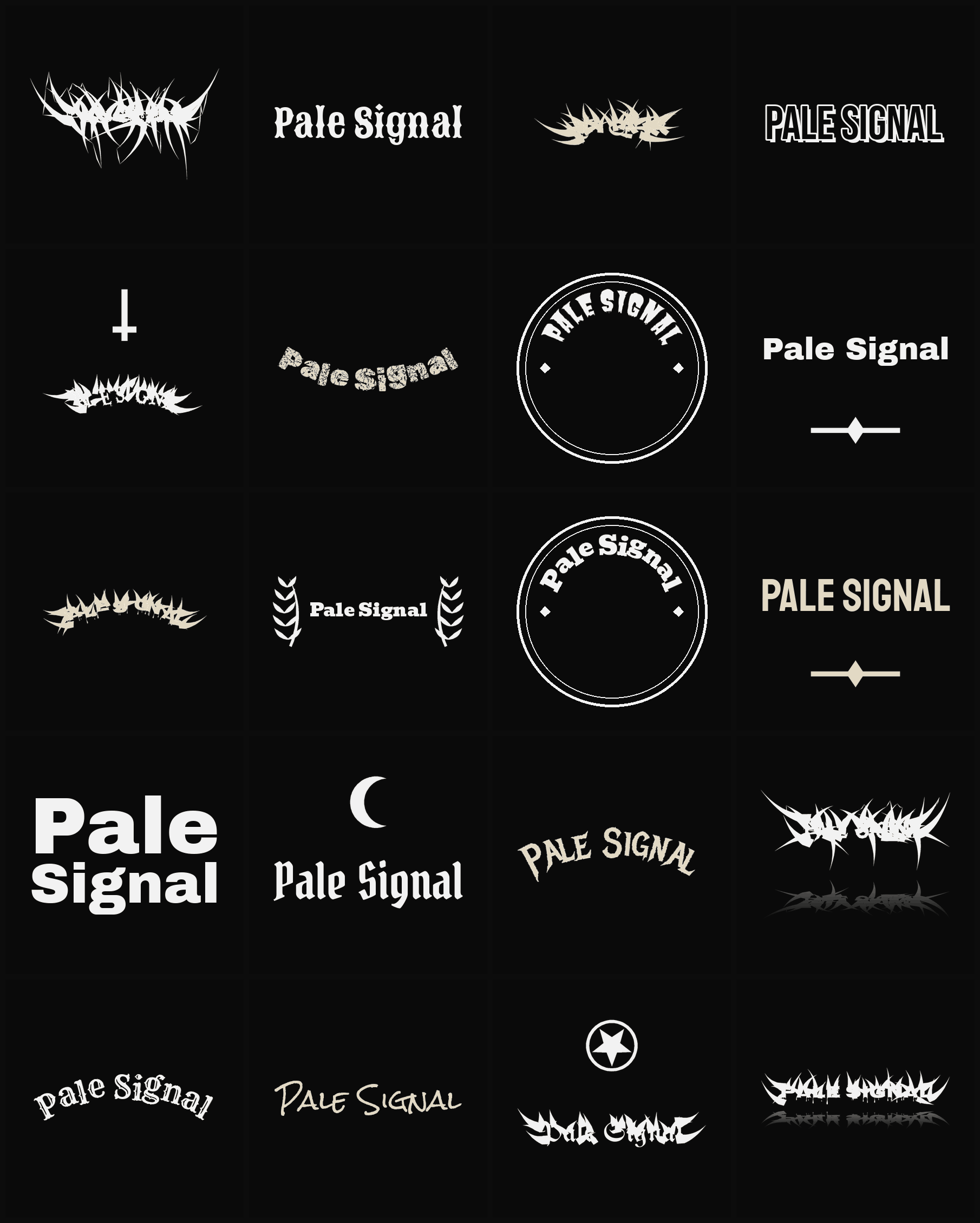 Twenty Pale Signal band logo ideas — different faces, treatments and spike settings