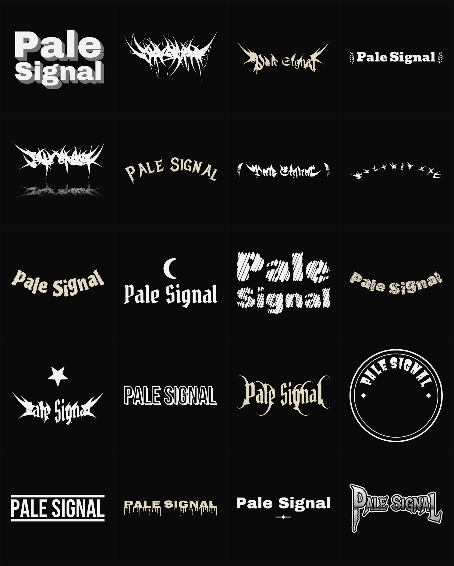Twenty Pale Signal band logo ideas — different faces, treatments and spike settings