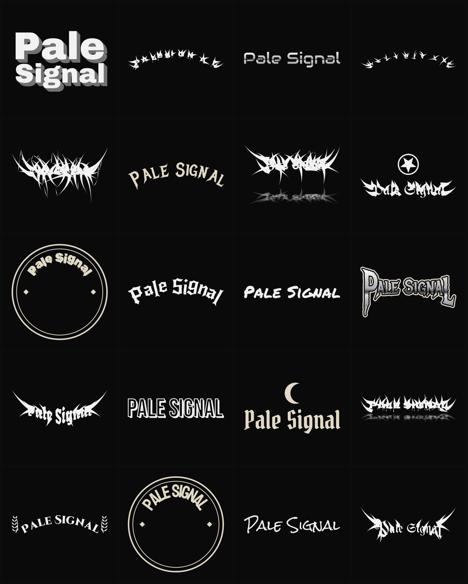 Twenty Pale Signal band logo ideas — different faces, treatments and spike settings