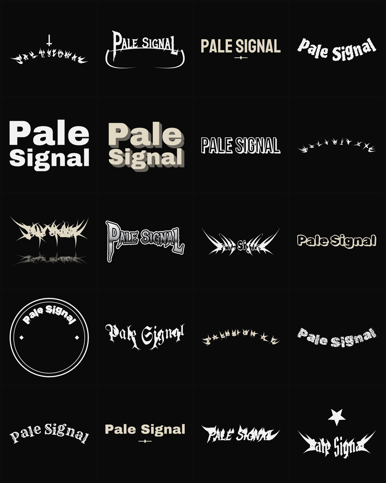 Twenty Pale Signal band logo ideas — different faces, treatments and spike settings