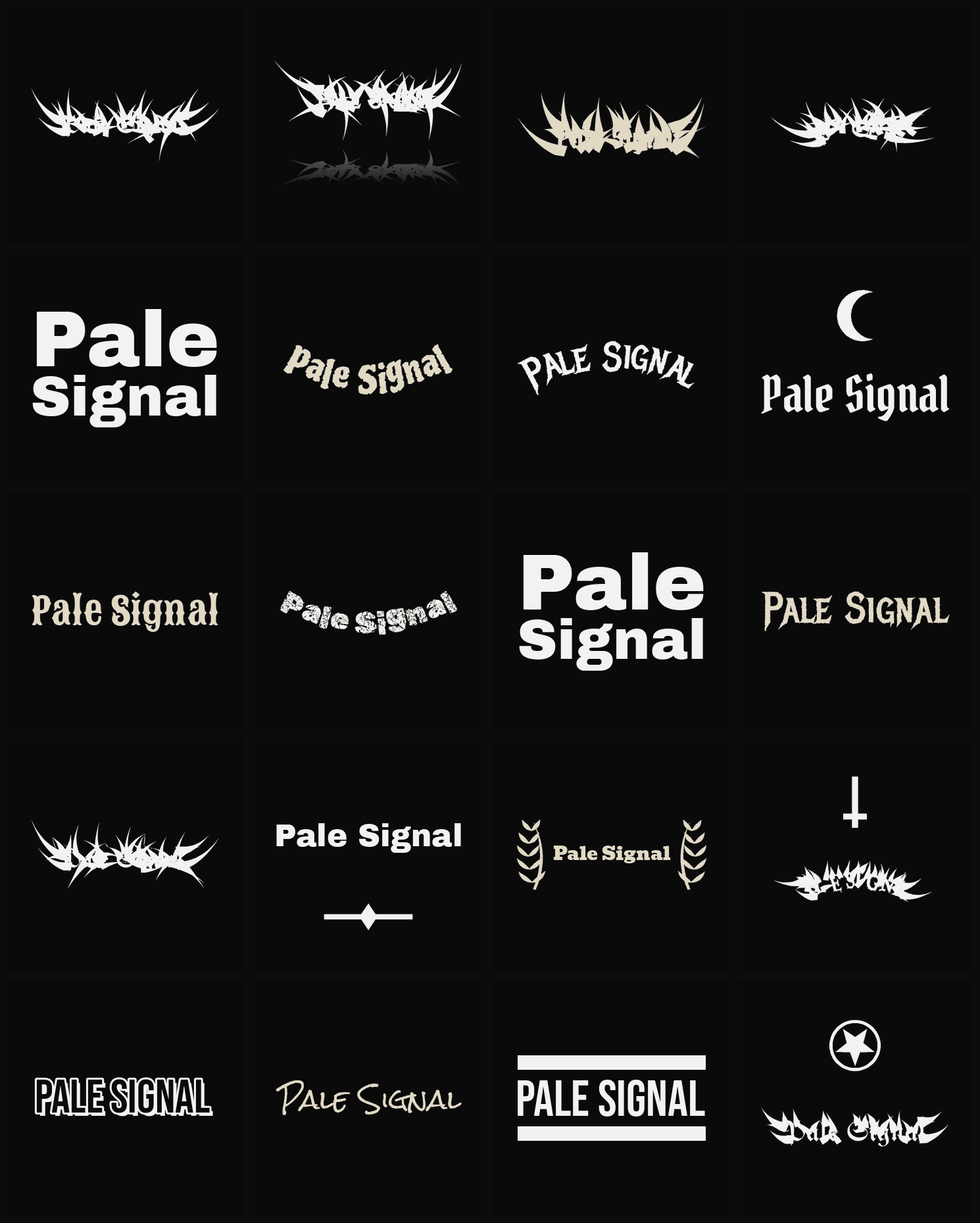 Twenty Pale Signal band logo ideas — different faces, treatments and spike settings