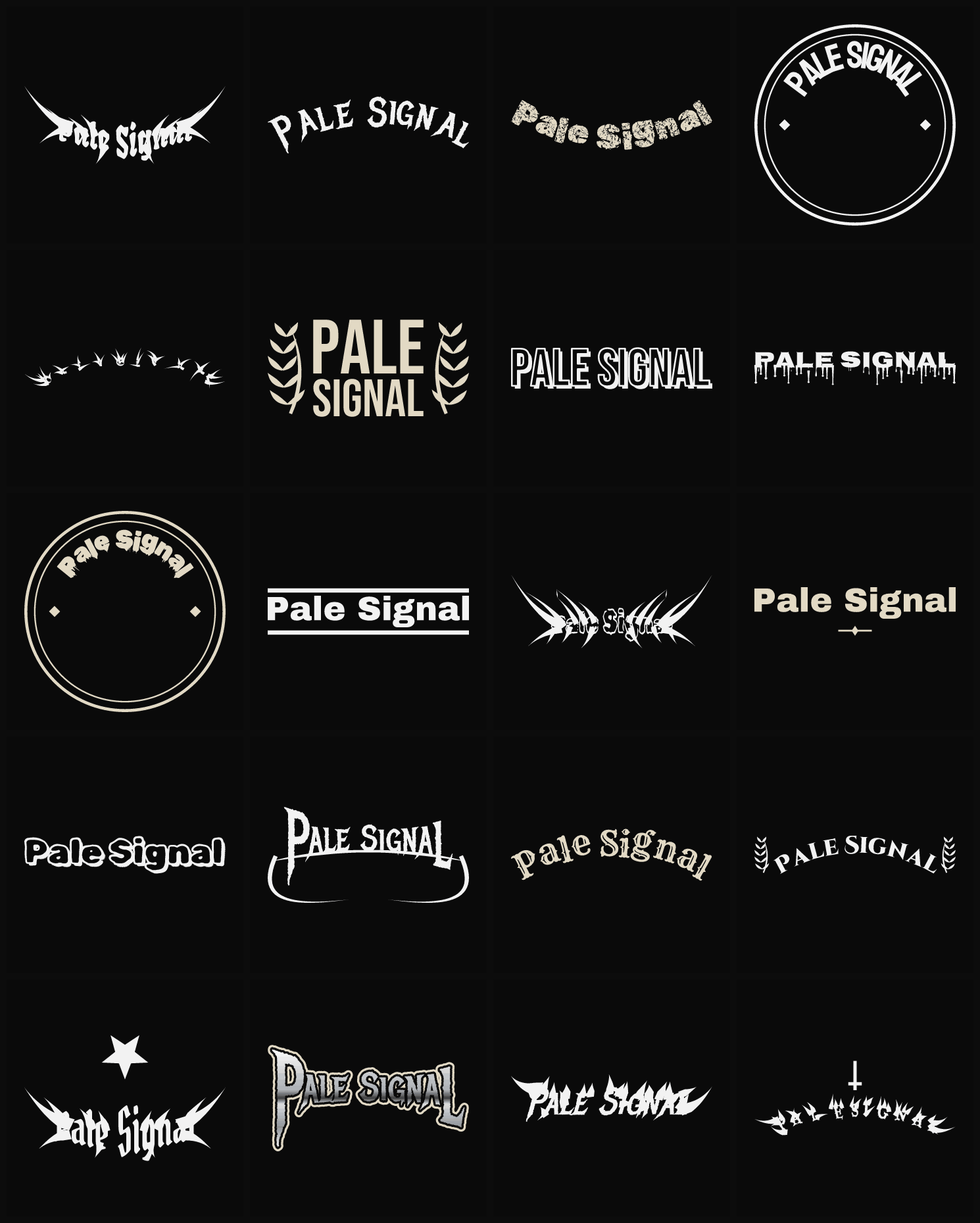 Twenty Pale Signal band logo ideas — different faces, treatments and spike settings