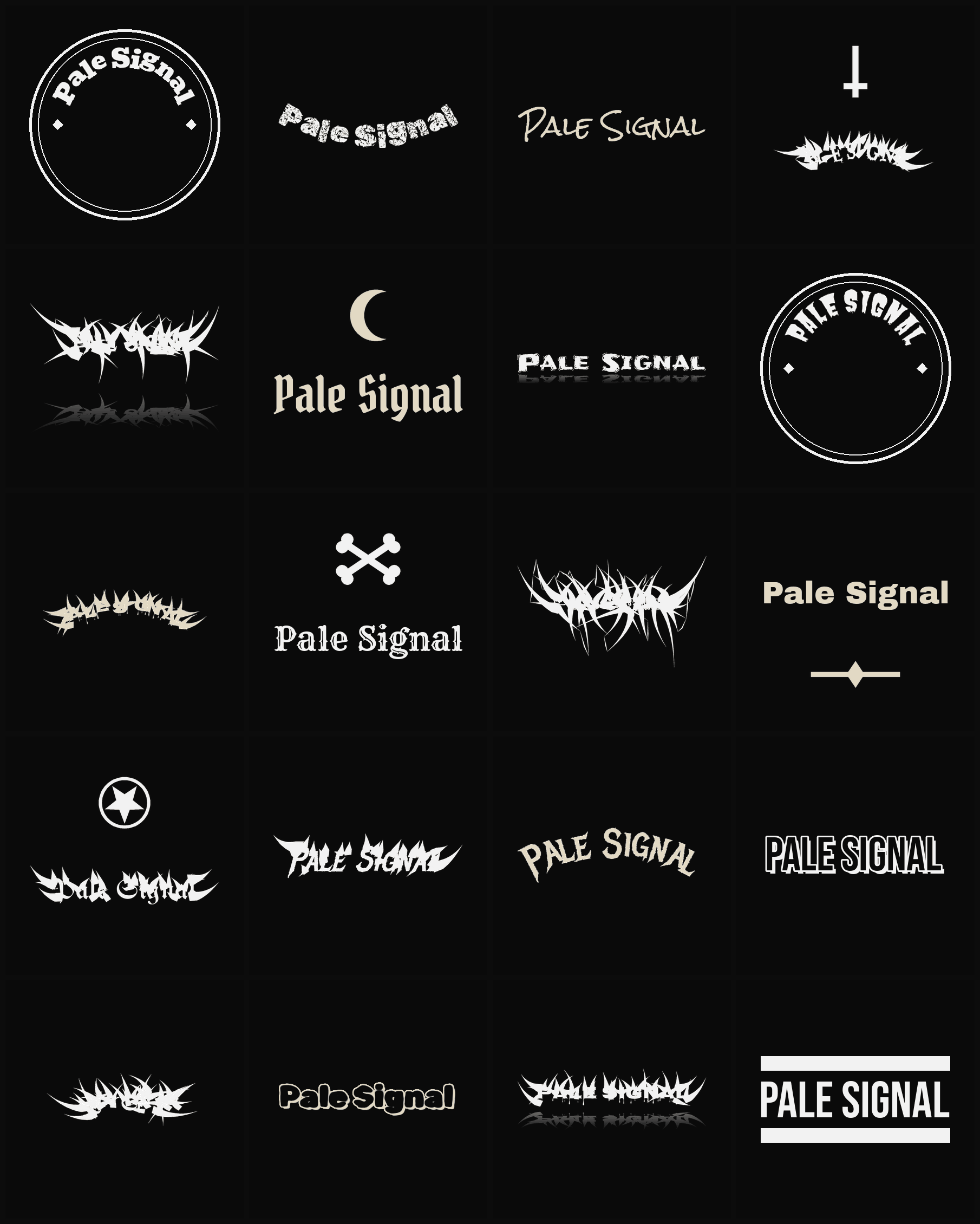 Twenty Pale Signal band logo ideas — different faces, treatments and spike settings