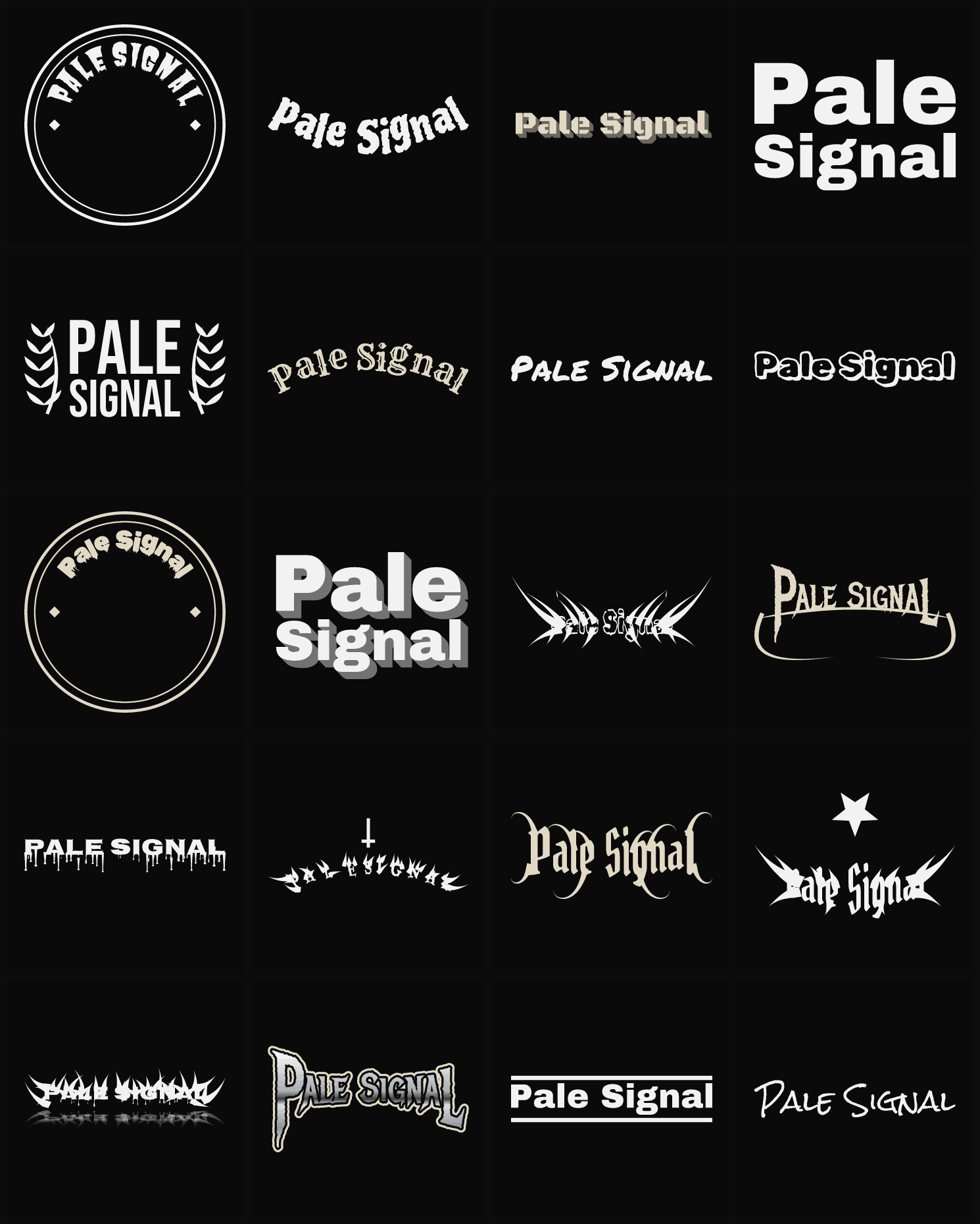 Twenty Pale Signal band logo ideas — different faces, treatments and spike settings
