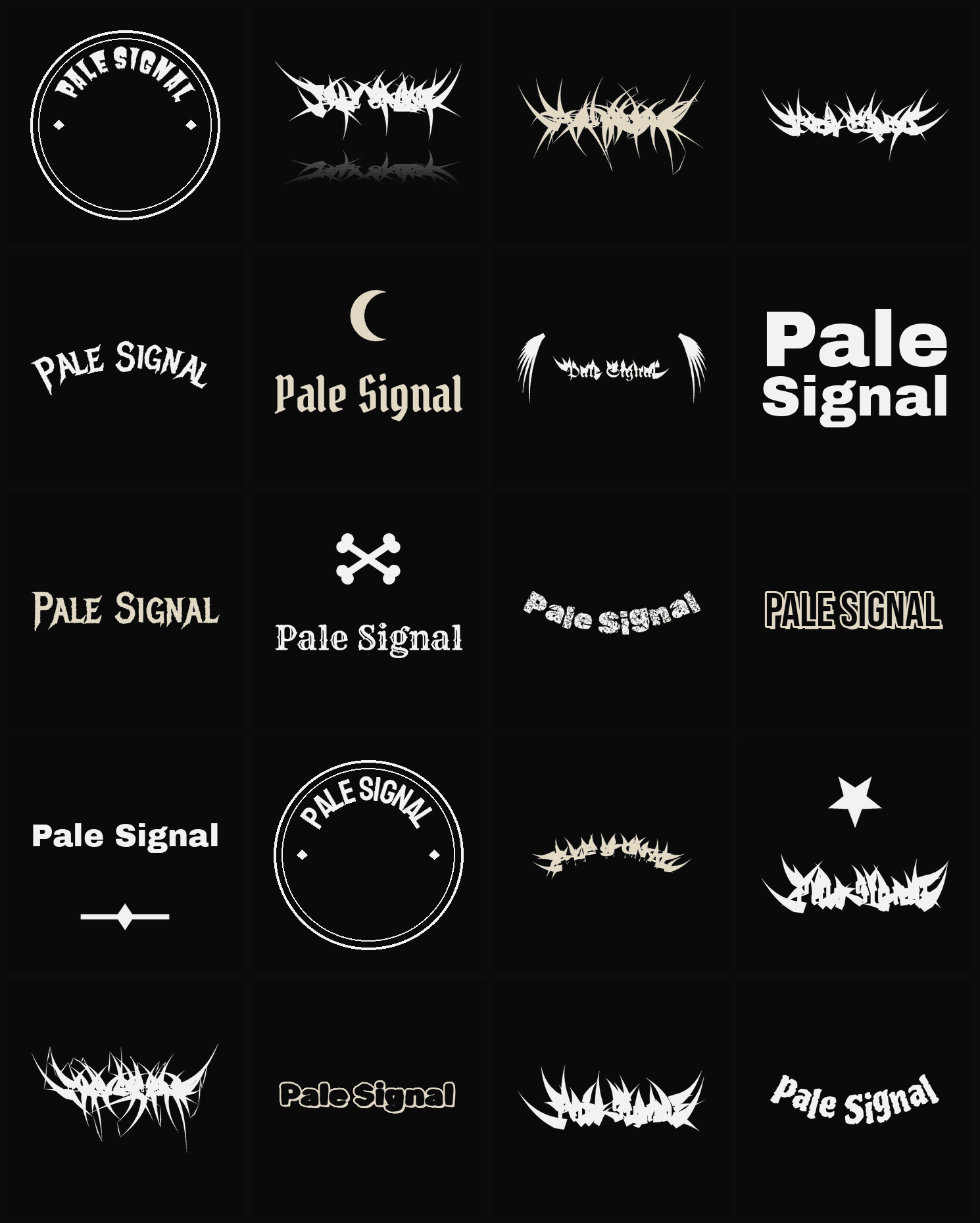 Twenty Pale Signal band logo ideas — different faces, treatments and spike settings