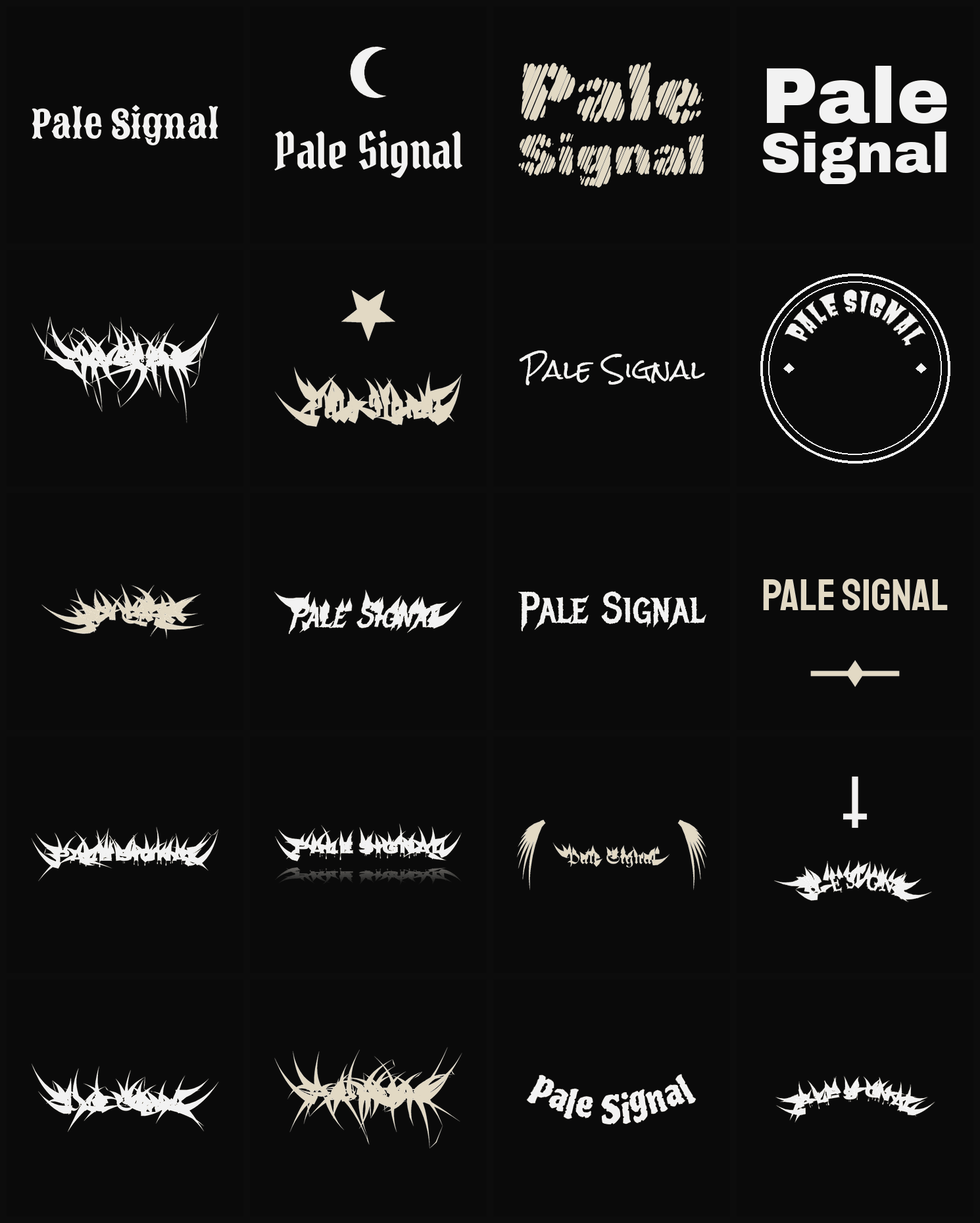 Twenty Pale Signal band logo ideas — different faces, treatments and spike settings