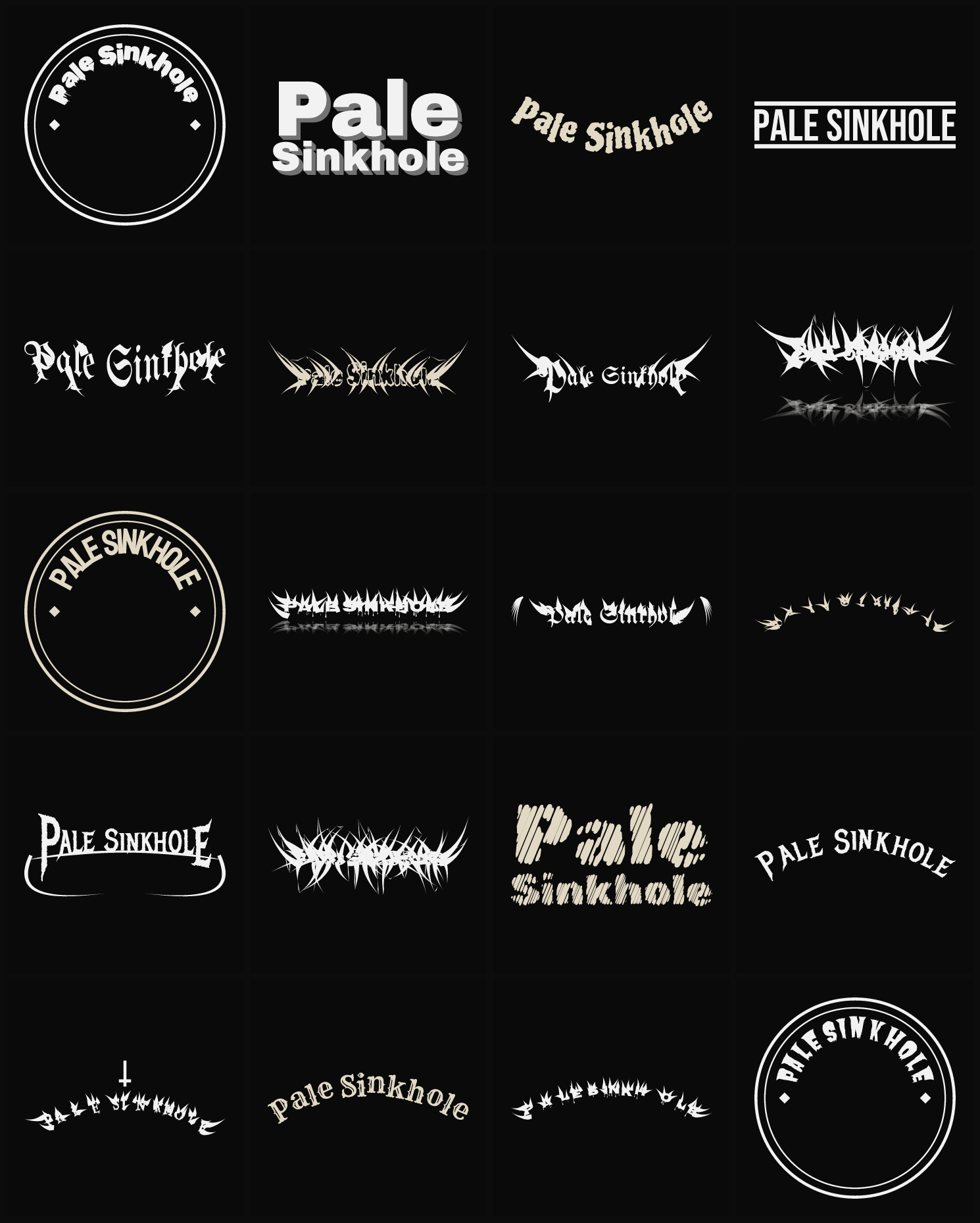 Twenty Pale Sinkhole band logo ideas — different faces, treatments and spike settings