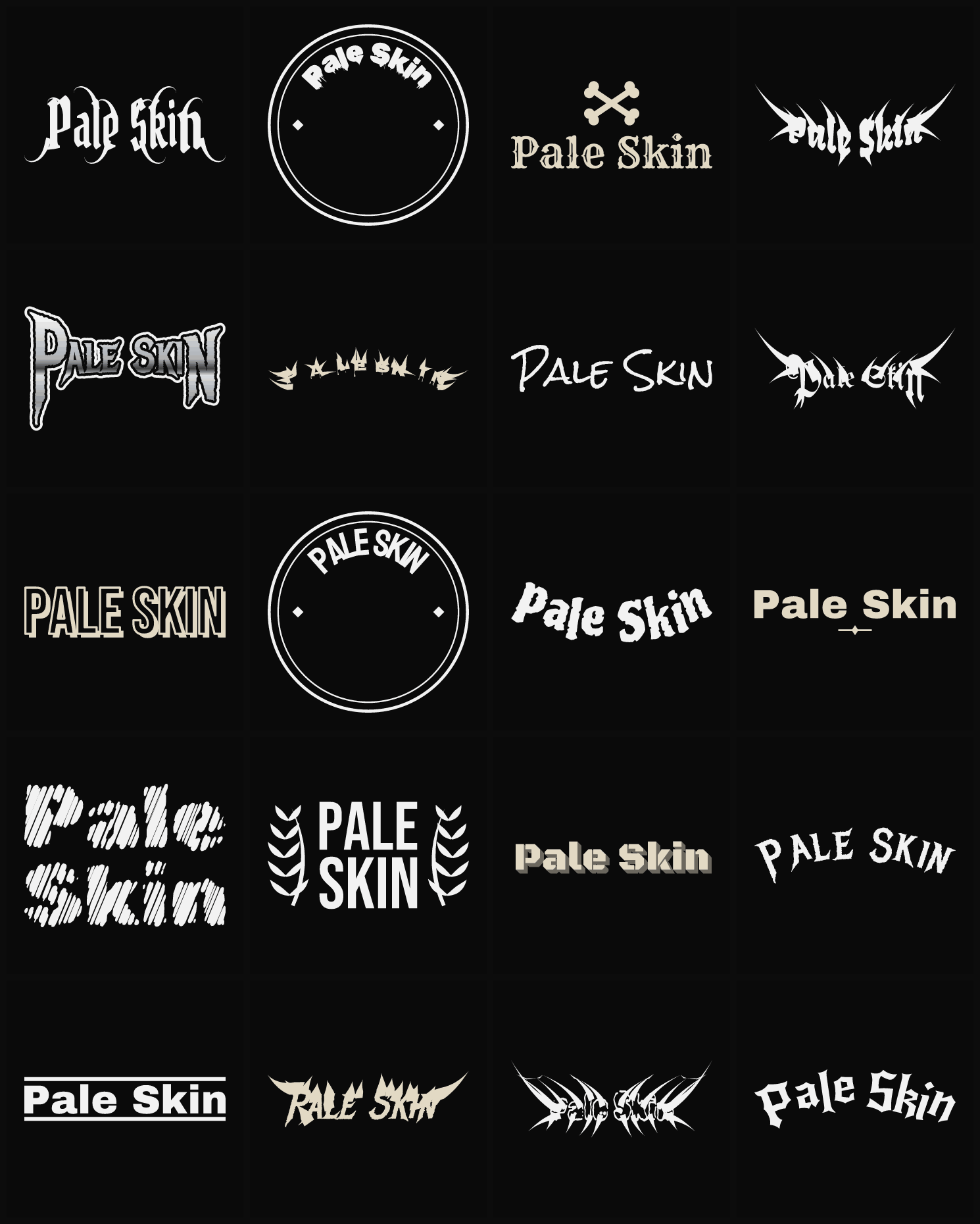 Twenty Pale Skin band logo ideas — different faces, treatments and spike settings