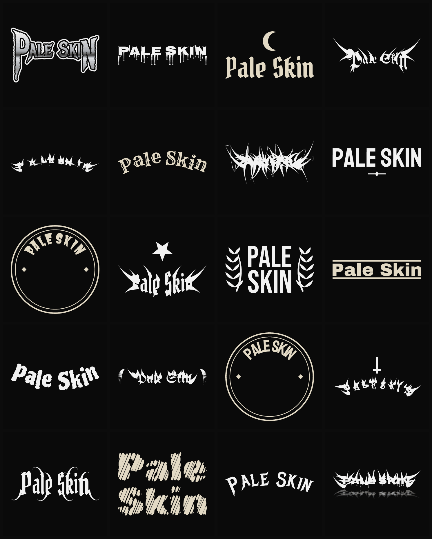 Twenty Pale Skin band logo ideas — different faces, treatments and spike settings