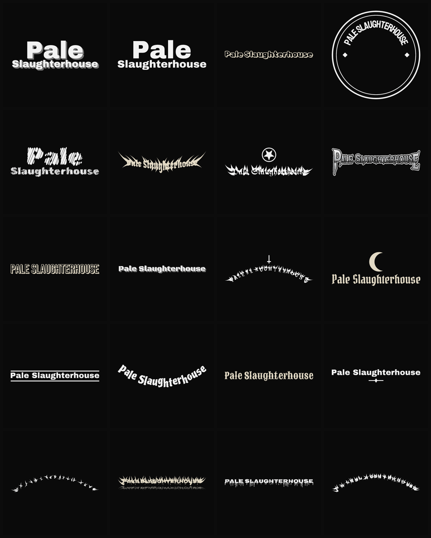 Twenty Pale Slaughterhouse band logo ideas — different faces, treatments and spike settings