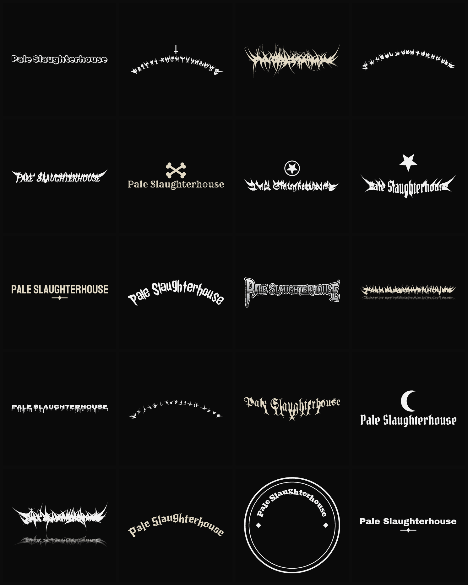 Twenty Pale Slaughterhouse band logo ideas — different faces, treatments and spike settings