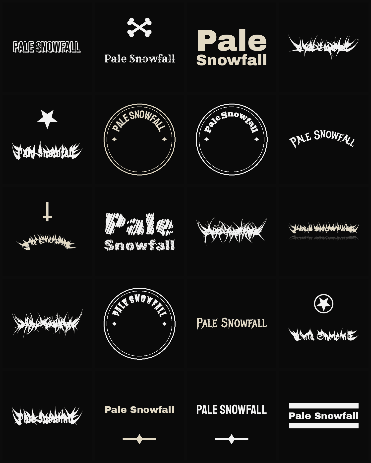 Twenty Pale Snowfall band logo ideas — different faces, treatments and spike settings