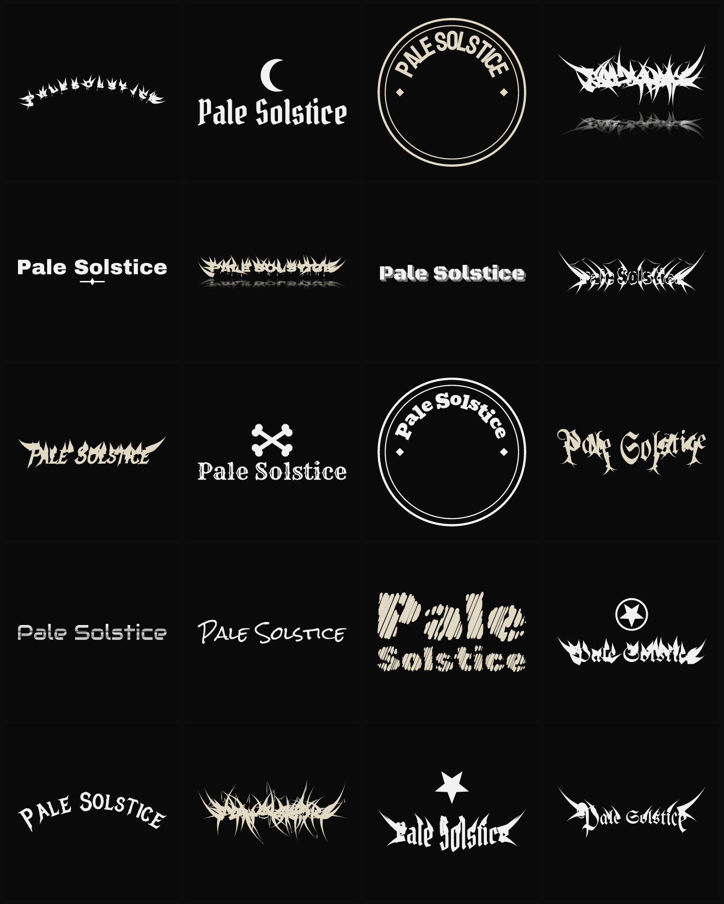 Twenty Pale Solstice band logo ideas — different faces, treatments and spike settings