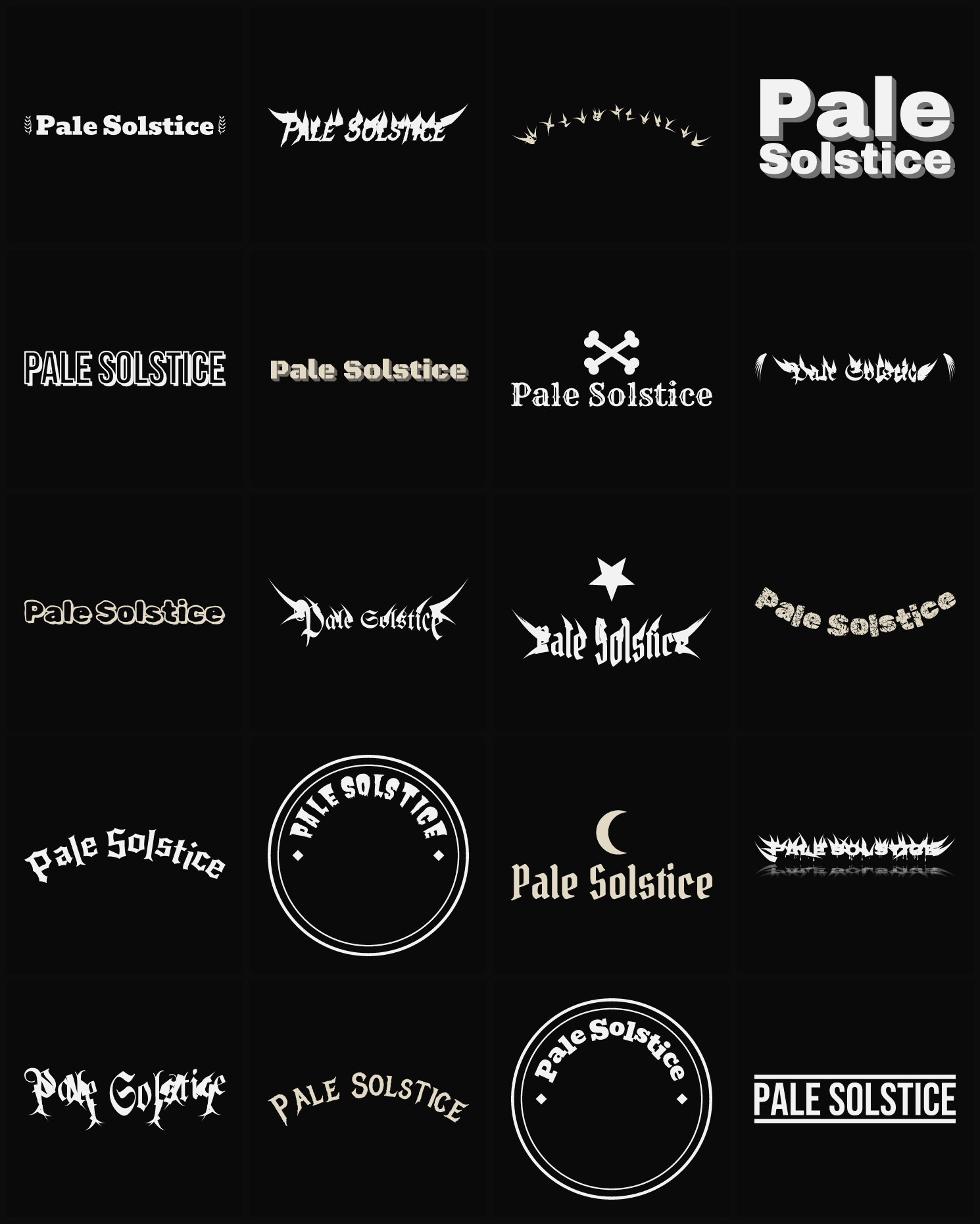 Twenty Pale Solstice band logo ideas — different faces, treatments and spike settings