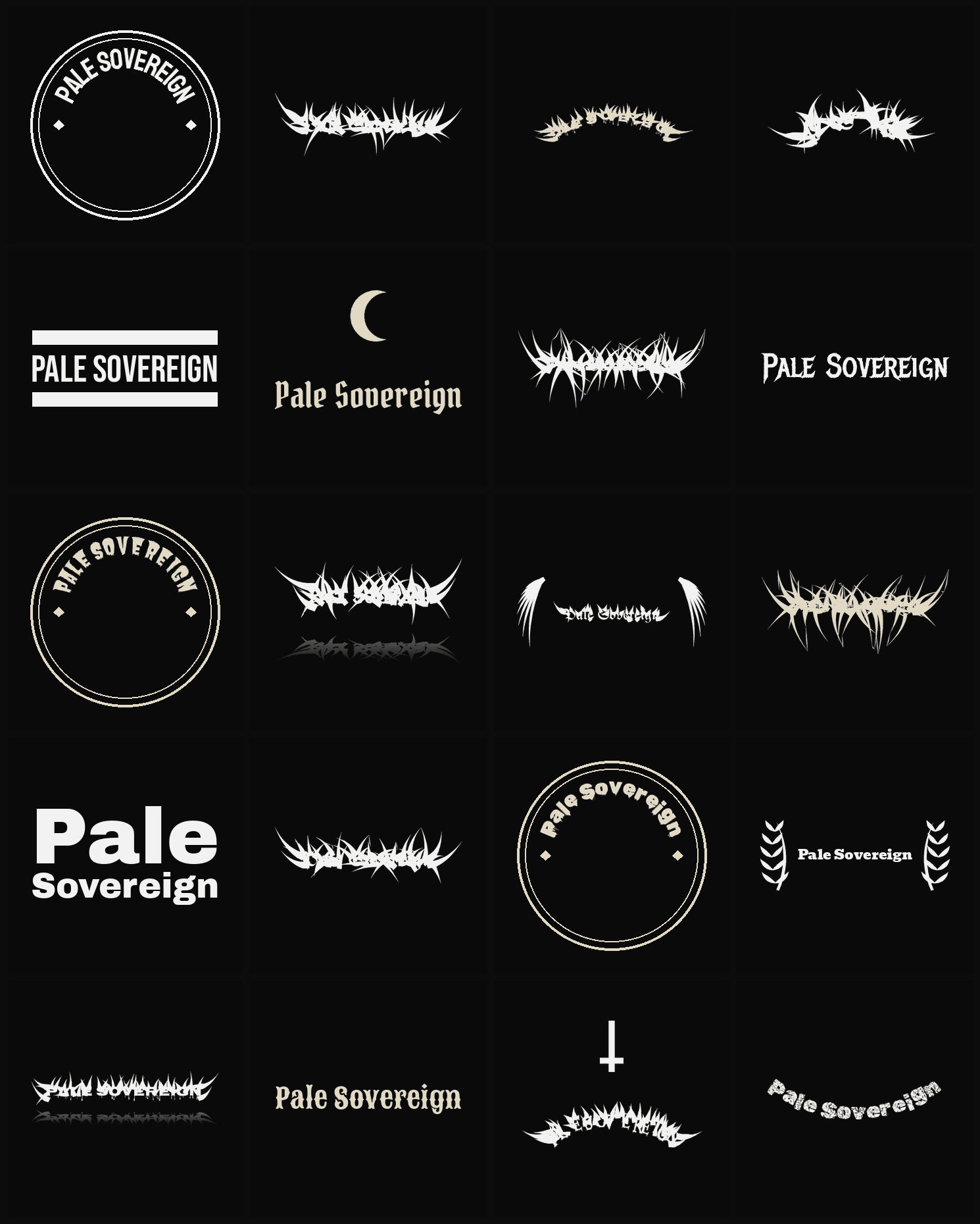 Twenty Pale Sovereign band logo ideas — different faces, treatments and spike settings