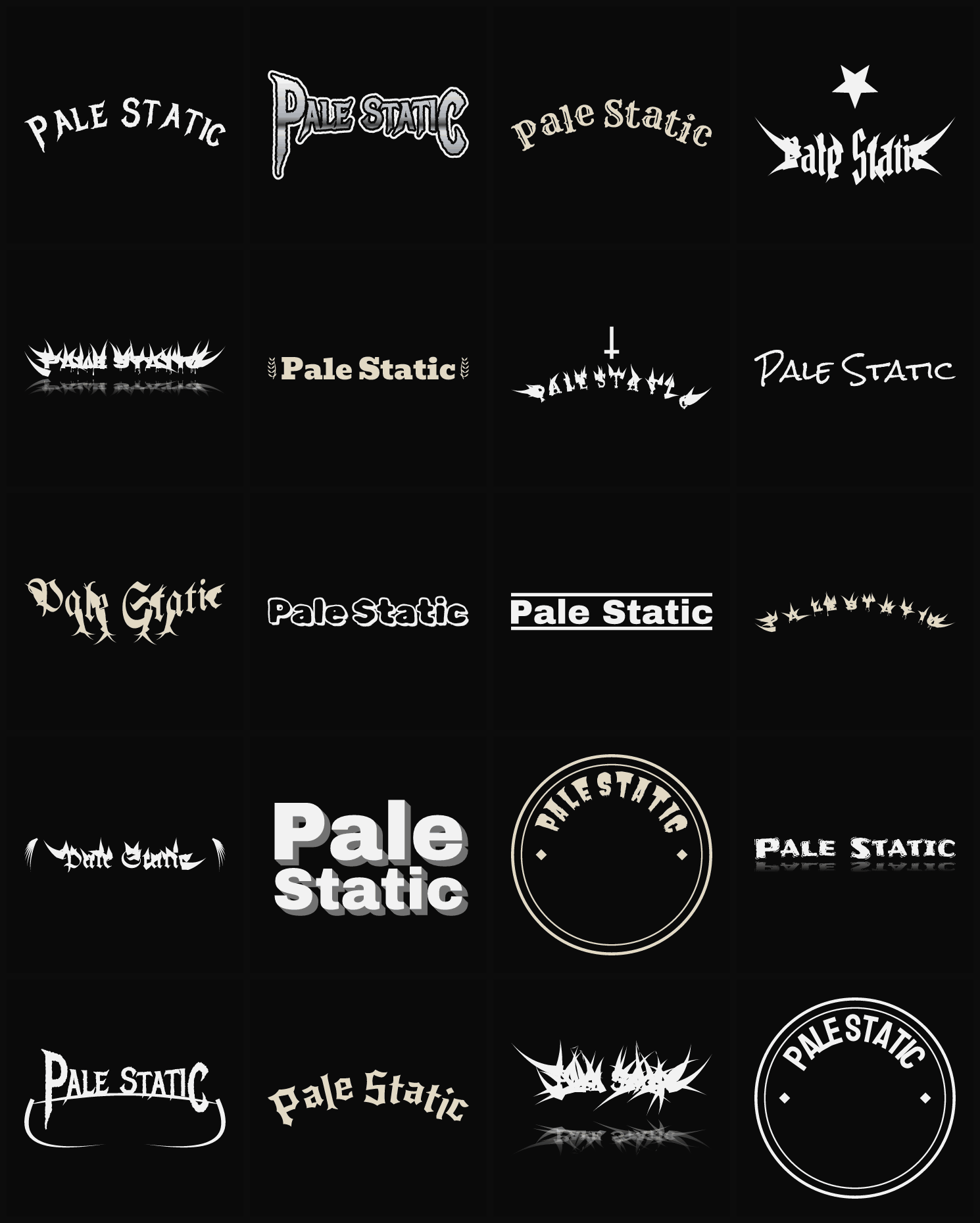Twenty Pale Static band logo ideas — different faces, treatments and spike settings