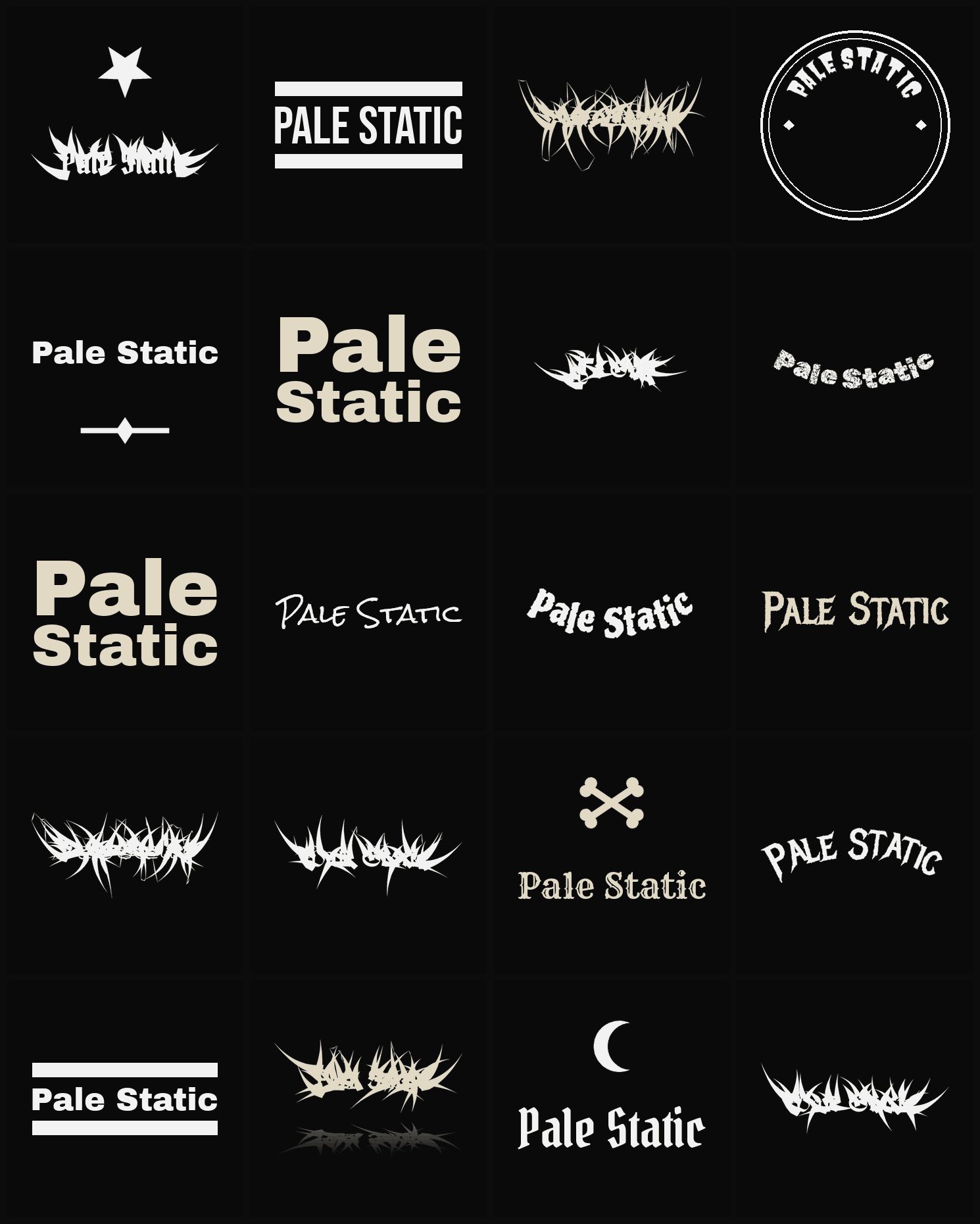 Twenty Pale Static band logo ideas — different faces, treatments and spike settings