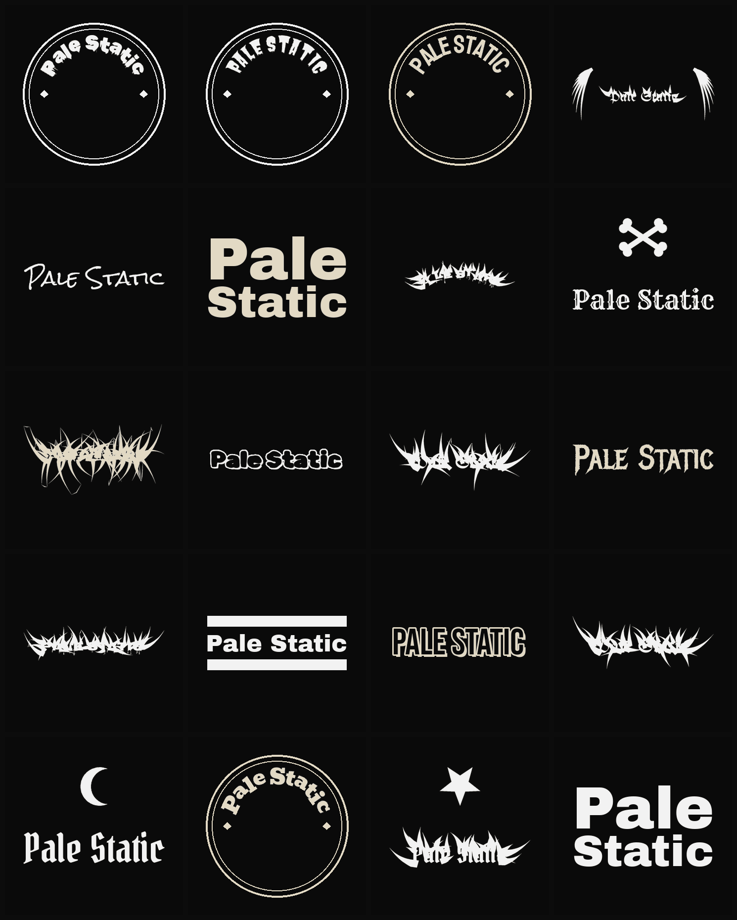 Twenty Pale Static band logo ideas — different faces, treatments and spike settings