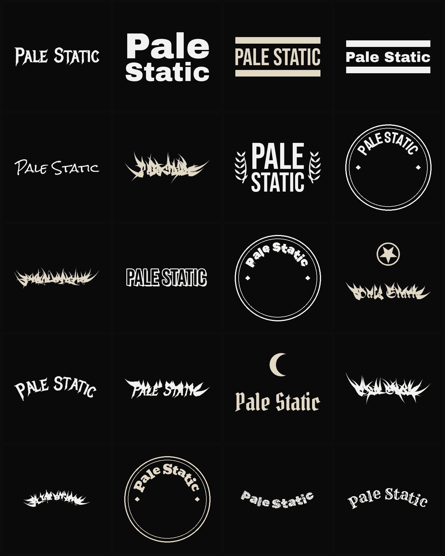 Twenty Pale Static band logo ideas — different faces, treatments and spike settings